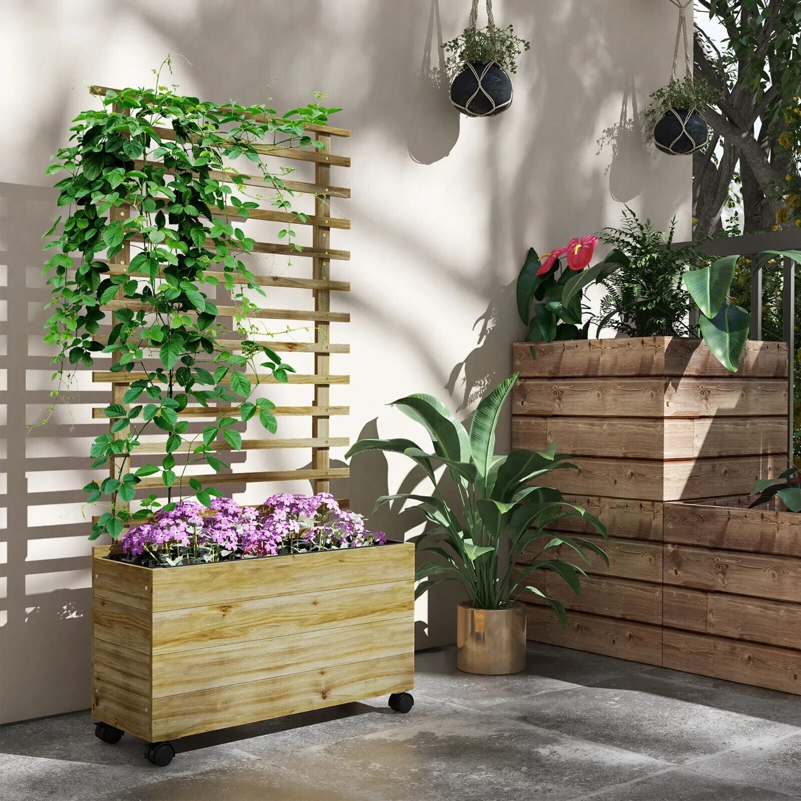 Wooden Raised Garden Bed with Trellis & Wheels – Natural Finish, 76x30x155cm - Home and Garden Furniture Shop - #rustic - furniture#