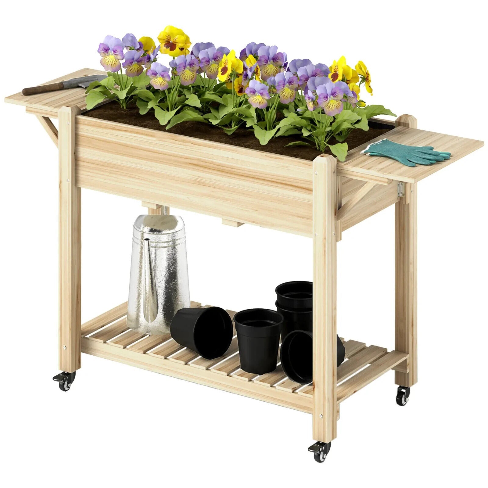 Wooden Raised Garden Planter Bed with Wheel Side Table and Storage Shelf Outdoor - Home and Garden Furniture Shop - #rustic - furniture#