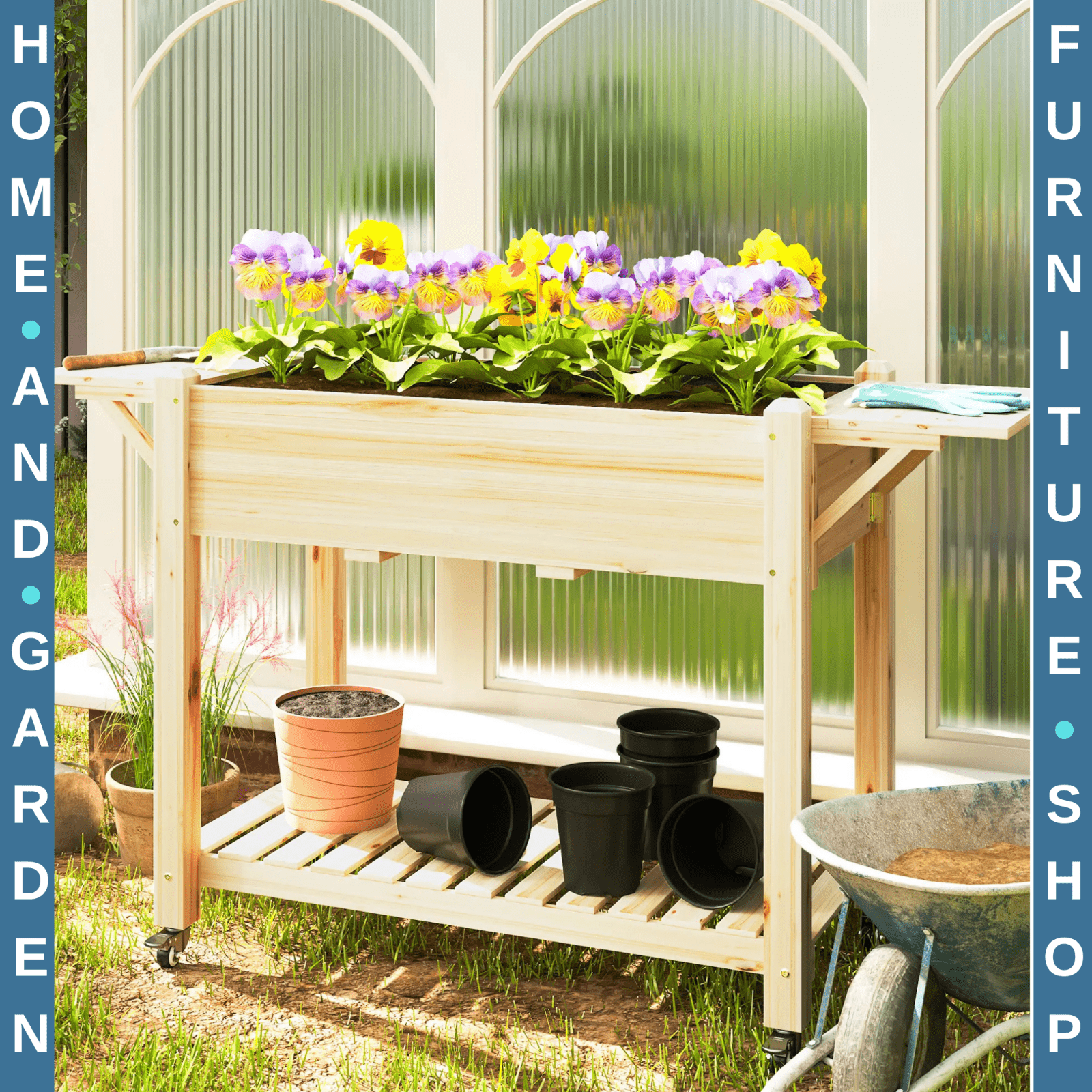 Wooden Raised Garden Planter Bed with Wheel Side Table and Storage Shelf Outdoor - Home and Garden Furniture Shop - #rustic - furniture#