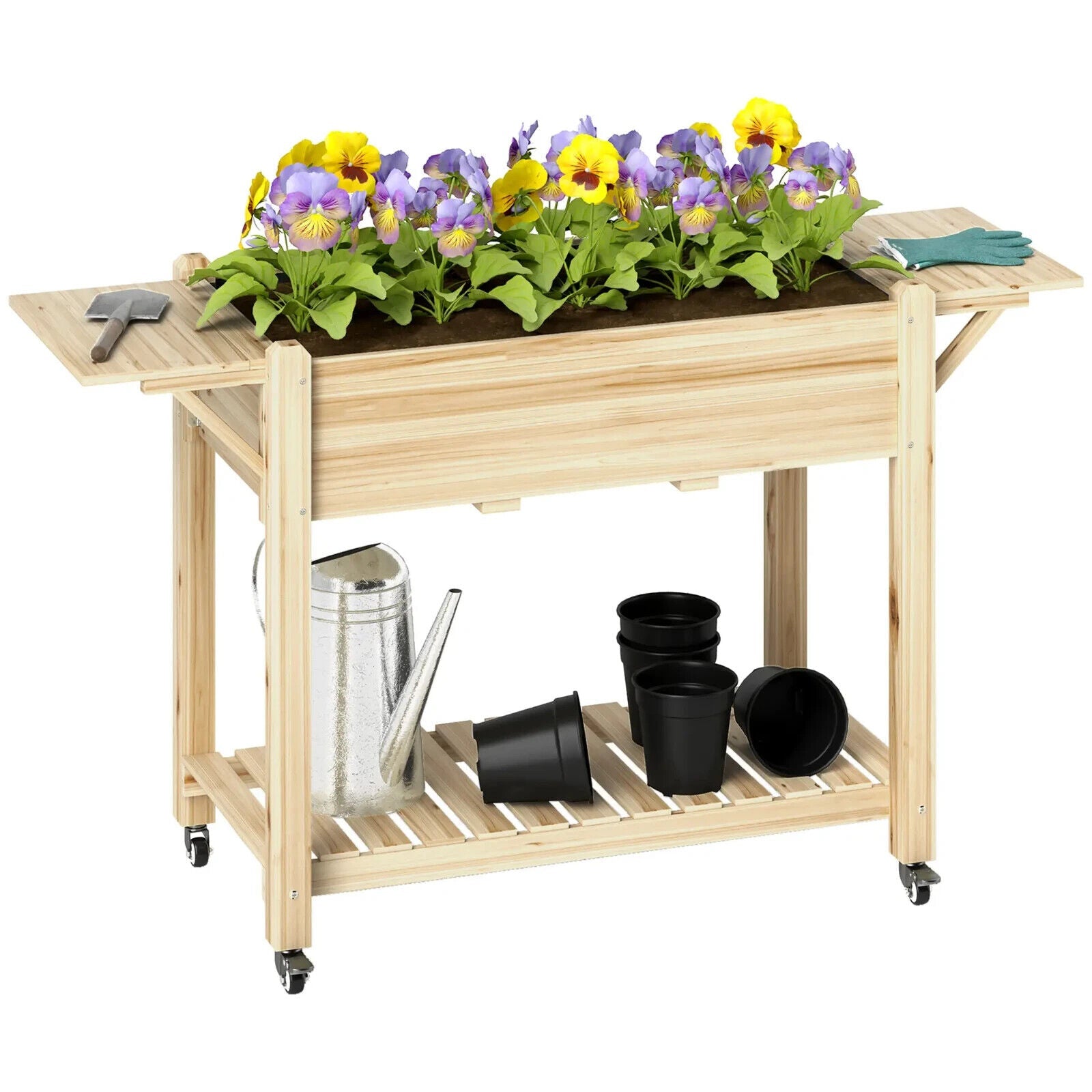 Wooden Raised Garden Planter Bed with Wheel Side Table and Storage Shelf Outdoor - Home and Garden Furniture Shop - #rustic - furniture#