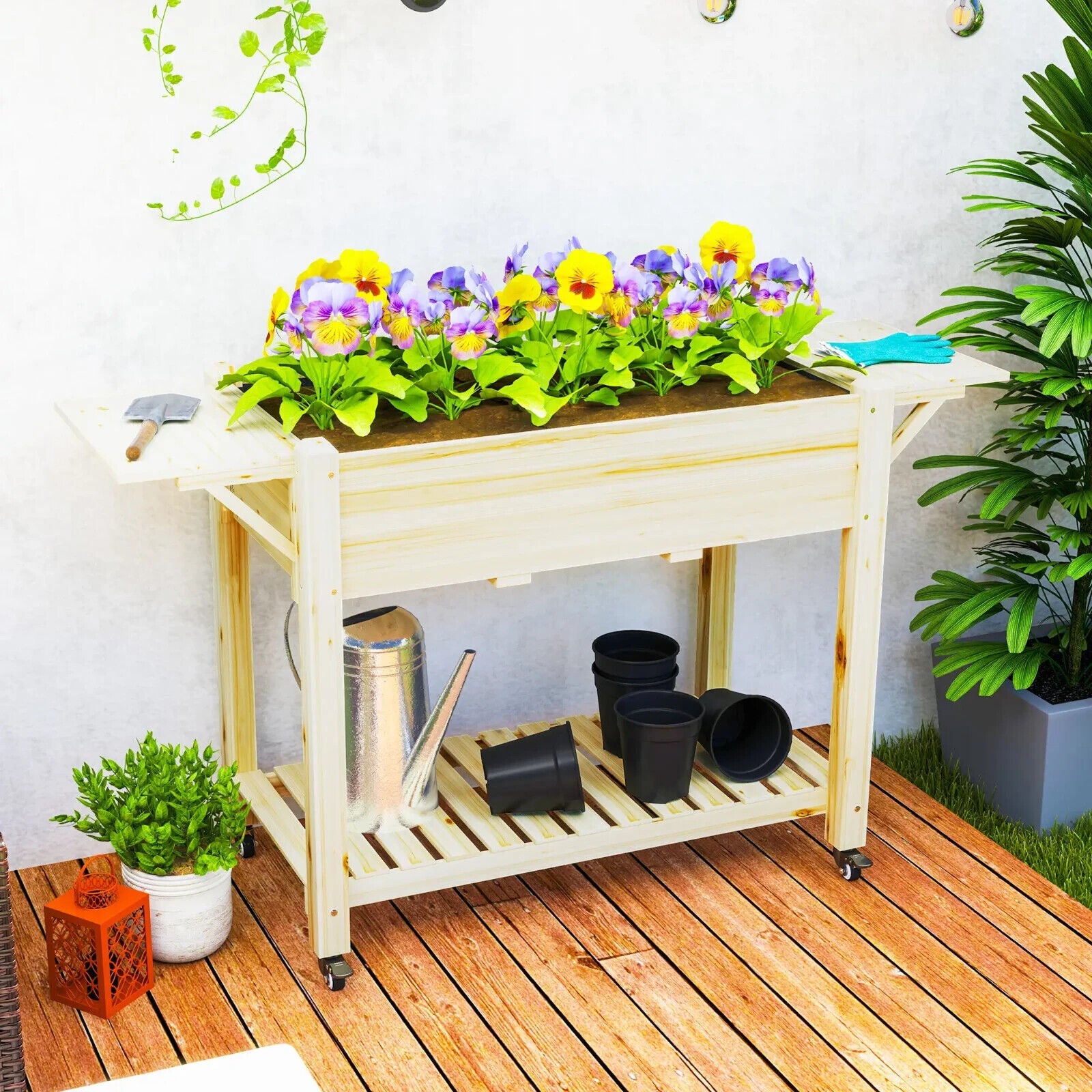Wooden Raised Garden Planter Bed with Wheel Side Table and Storage Shelf Outdoor - Home and Garden Furniture Shop - #rustic - furniture#