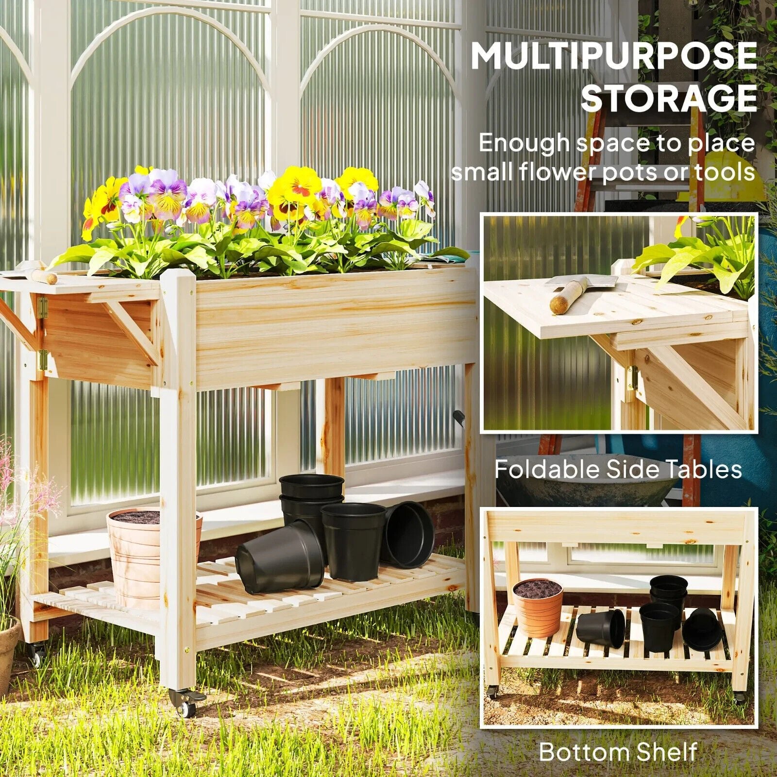 Wooden Raised Garden Planter Bed with Wheel Side Table and Storage Shelf Outdoor - Home and Garden Furniture Shop - #rustic - furniture#