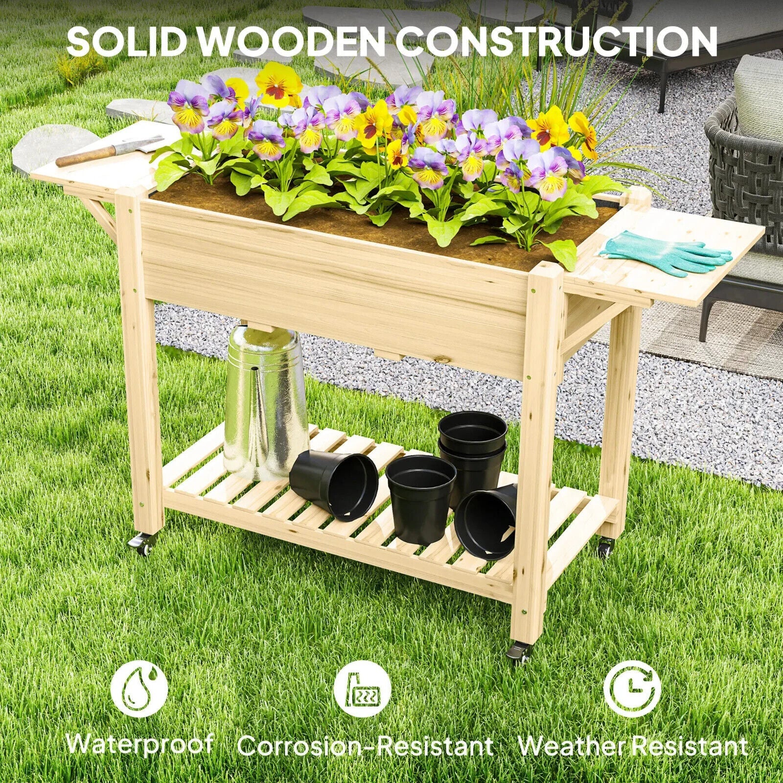 Wooden Raised Garden Planter Bed with Wheel Side Table and Storage Shelf Outdoor - Home and Garden Furniture Shop - #rustic - furniture#