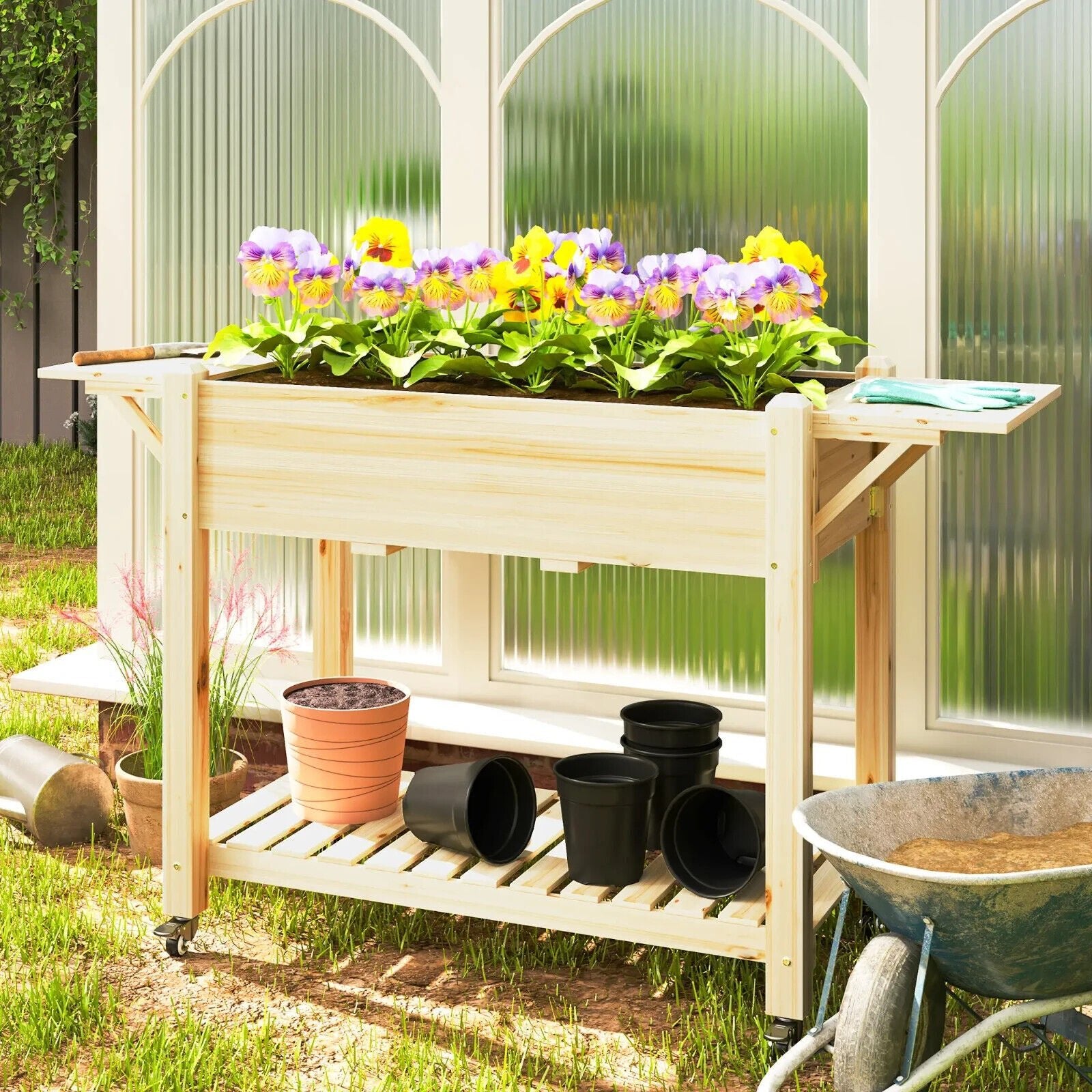 Wooden Raised Garden Planter Bed with Wheel Side Table and Storage Shelf Outdoor - Home and Garden Furniture Shop - #rustic - furniture#