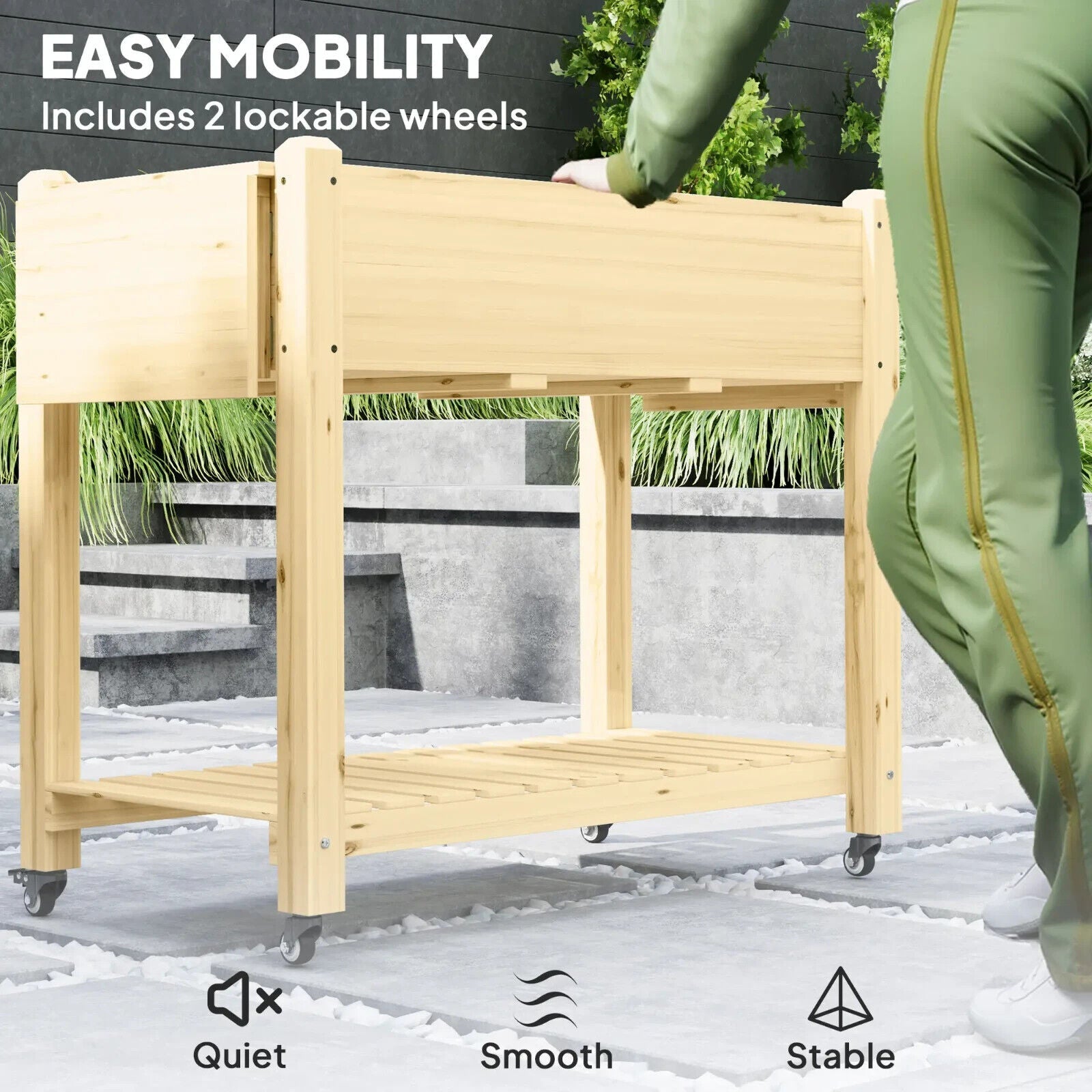 Wooden Raised Garden Planter Bed with Wheel Side Table and Storage Shelf Outdoor - Home and Garden Furniture Shop - #rustic - furniture#