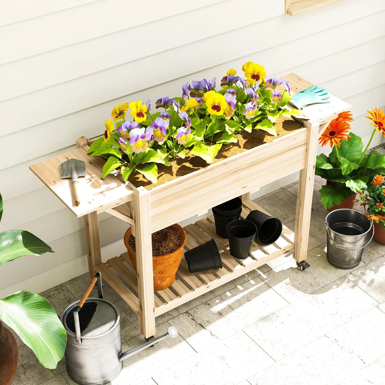 Wooden Raised Garden Planter Bed with Wheel Side Table and Storage Shelf Outdoor - Home and Garden Furniture Shop - #rustic - furniture#