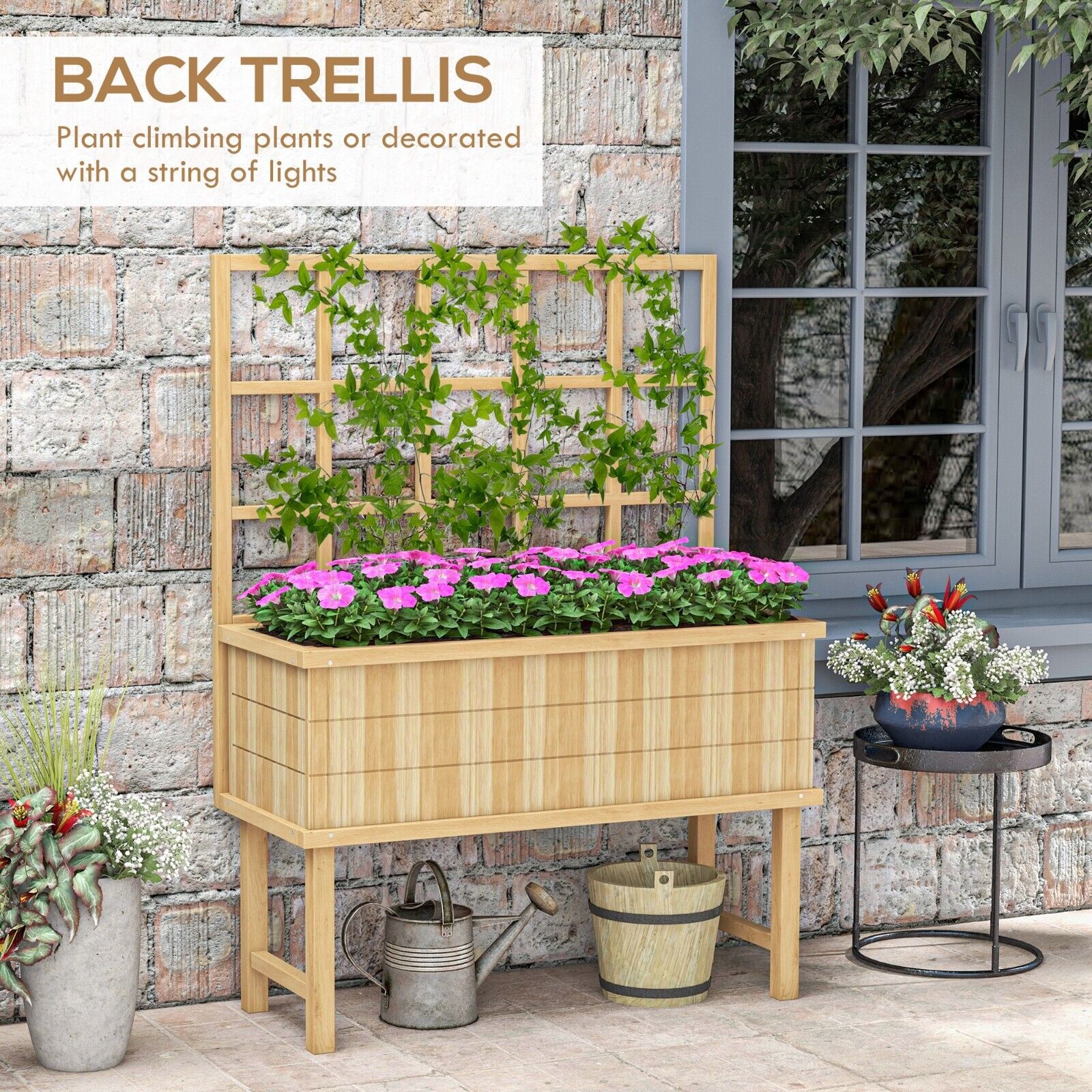 Wooden Raised Planter with Trellis for Plants Raised Garden Bed Drainage Holes - Home and Garden Furniture Shop - #rustic - furniture#