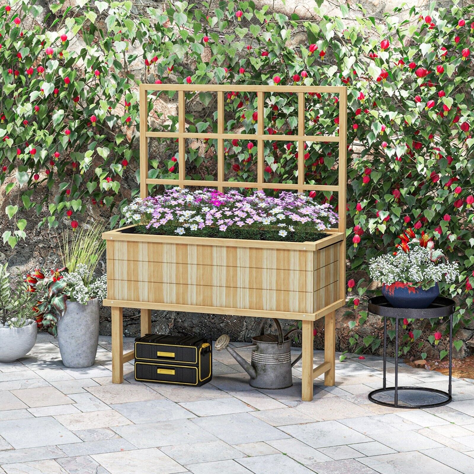 Wooden Raised Planter with Trellis for Plants Raised Garden Bed Drainage Holes - Home and Garden Furniture Shop - #rustic - furniture#