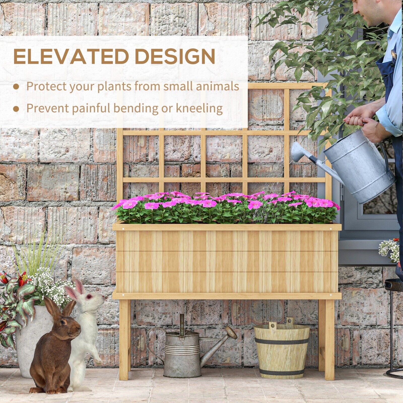 Wooden Raised Planter with Trellis for Plants Raised Garden Bed Drainage Holes - Home and Garden Furniture Shop - #rustic - furniture#