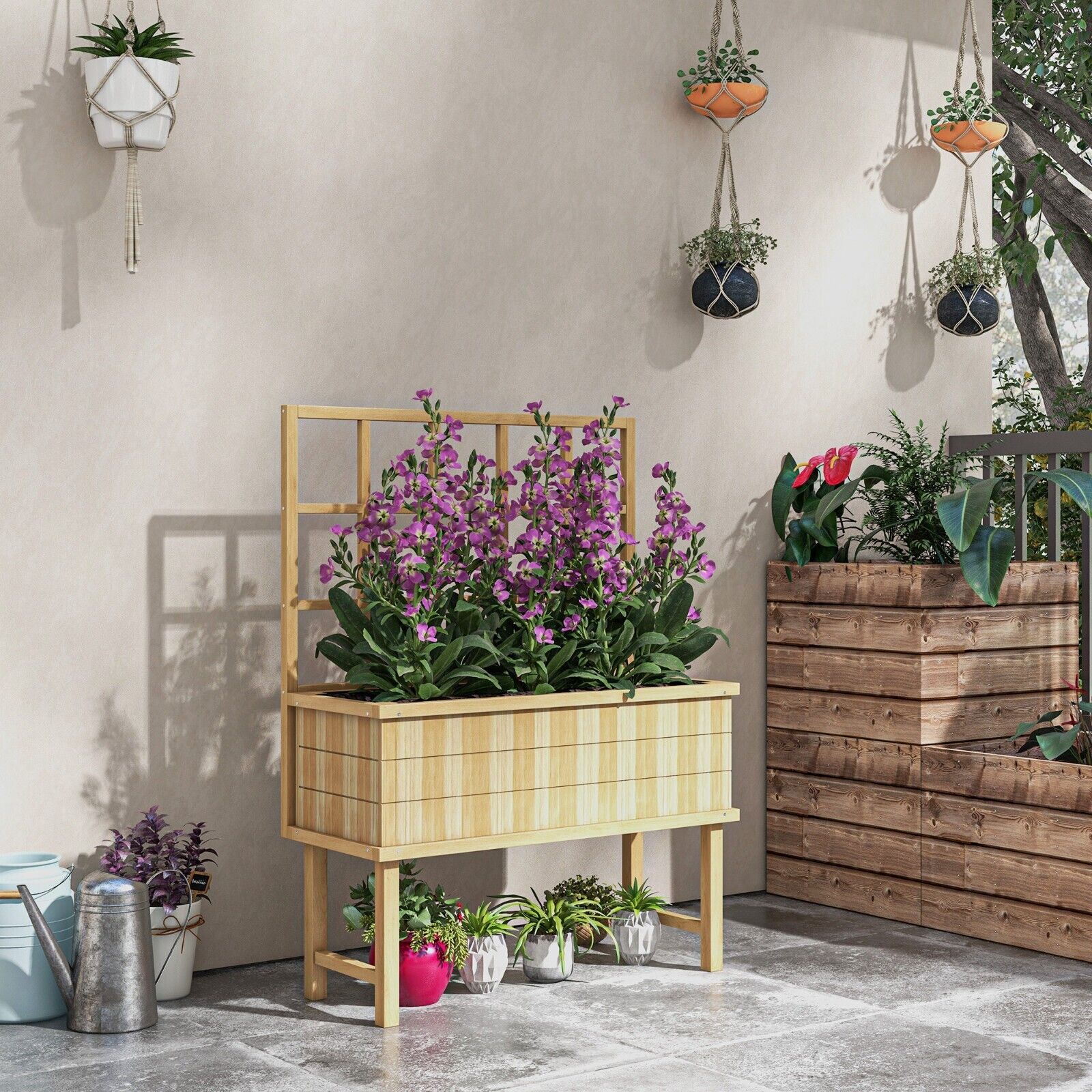 Wooden Raised Planter with Trellis for Plants Raised Garden Bed Drainage Holes - Home and Garden Furniture Shop - #rustic - furniture#