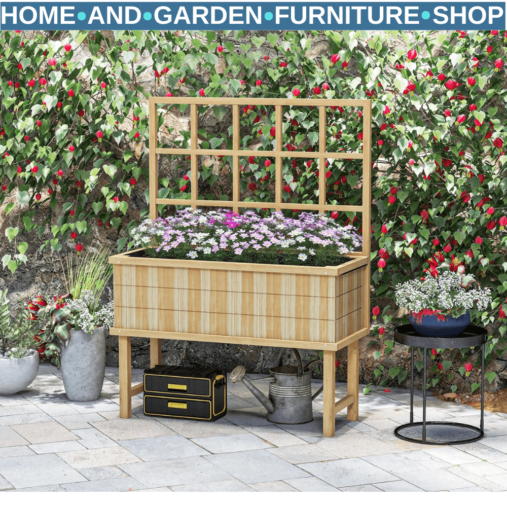 Wooden Raised Planter with Trellis for Plants Raised Garden Bed Drainage Holes - Home and Garden Furniture Shop - #rustic - furniture#