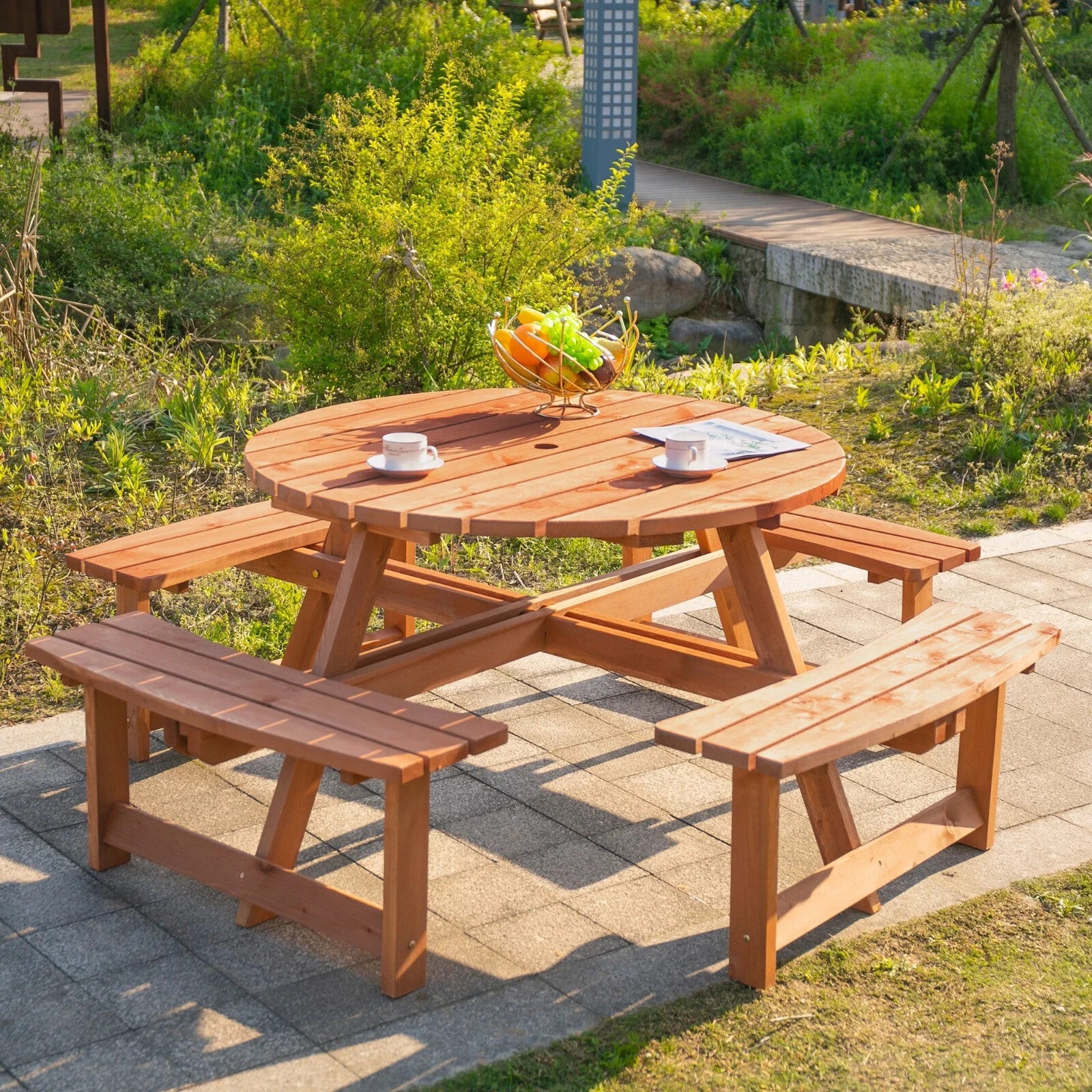 Wooden Round Picnic Table Garden Bench Set Outdoor 8 Seater Bench Parasol Hole - Home and Garden Furniture Shop - rustic - furniture