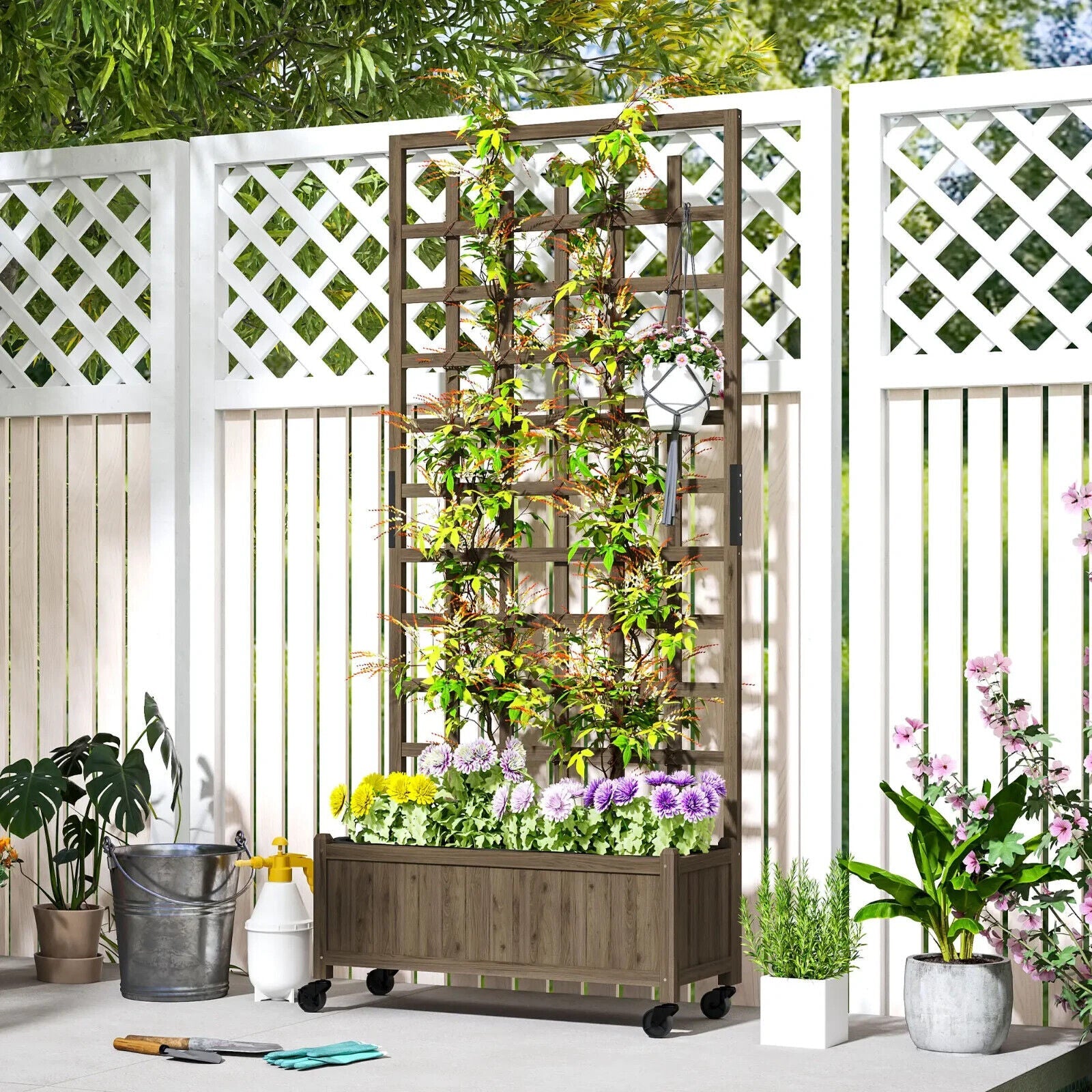 Wooden Trellis Planter Raised Garden Bed w/ Wheels Bed Liner for Vegetables Herb - Home and Garden Furniture Shop - #rustic - furniture#