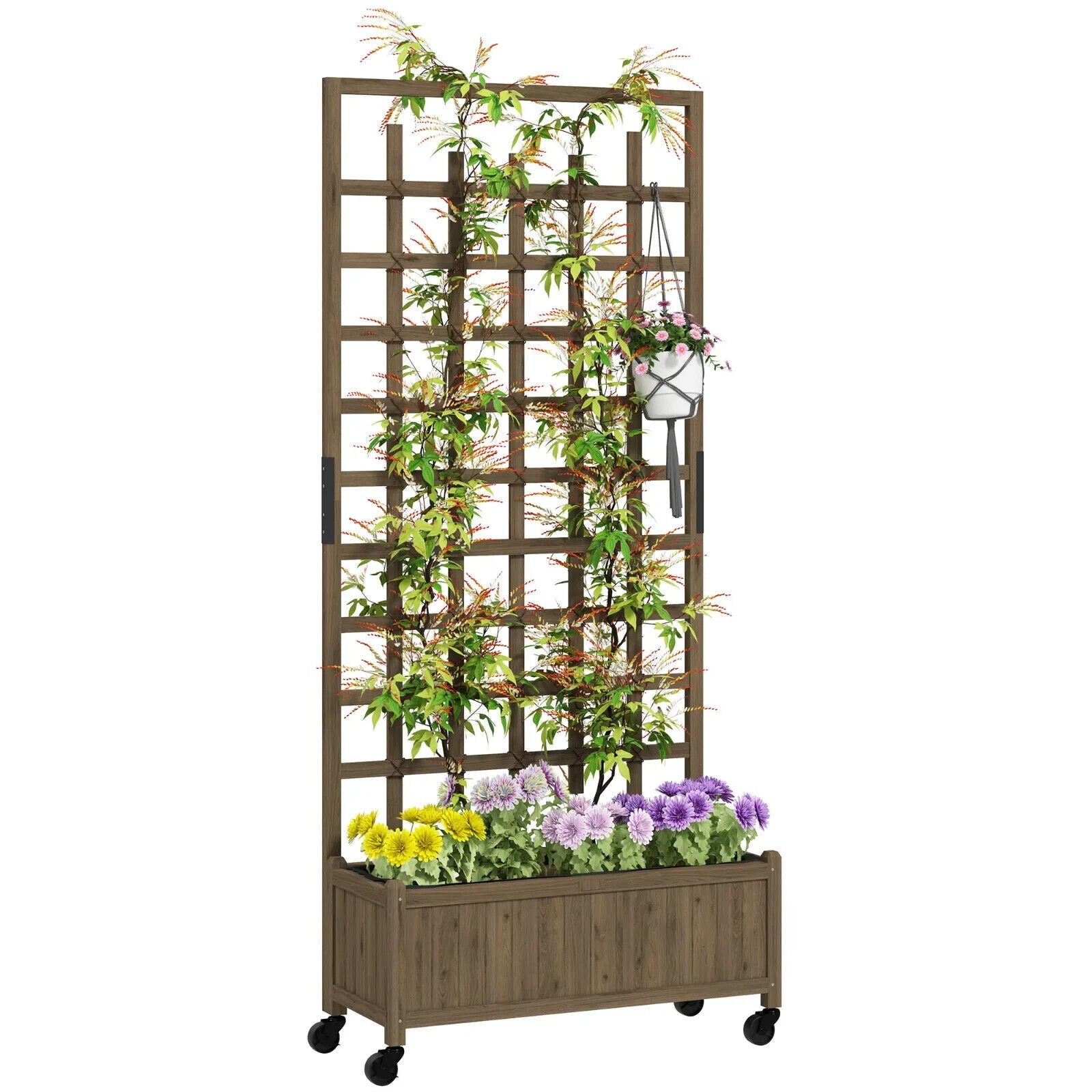 Wooden Trellis Planter Raised Garden Bed w/ Wheels Bed Liner for Vegetables Herb - Home and Garden Furniture Shop - #rustic - furniture#