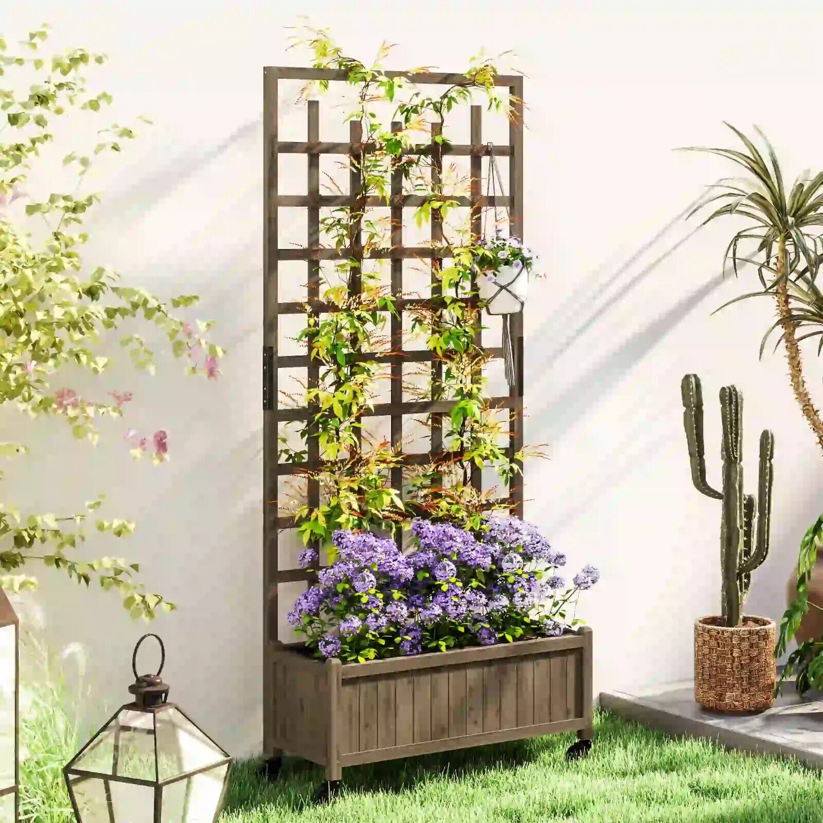 Wooden Trellis Planter Raised Garden Bed w/ Wheels Bed Liner for Vegetables Herb - Home and Garden Furniture Shop - #rustic - furniture#