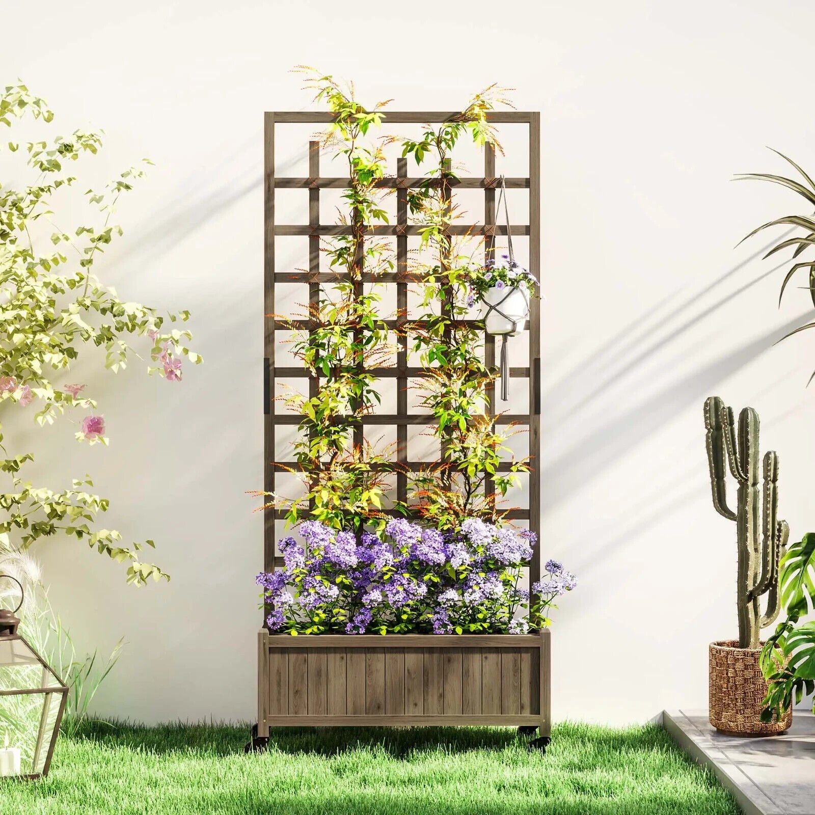 Wooden Trellis Planter Raised Garden Bed w/ Wheels Bed Liner for Vegetables Herb - Home and Garden Furniture Shop - #rustic - furniture#