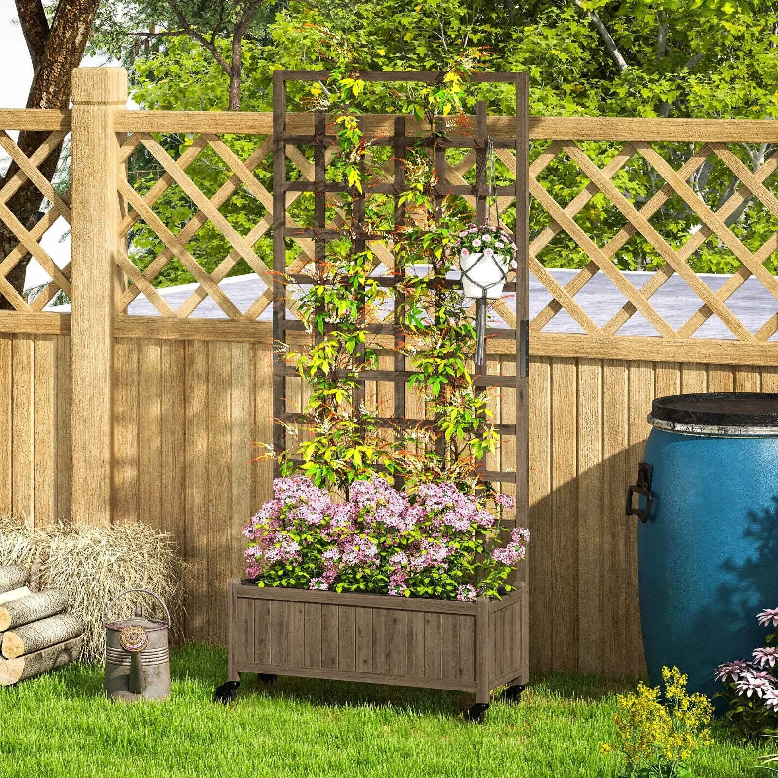 Wooden Trellis Planter Raised Garden Bed w/ Wheels Bed Liner for Vegetables Herb - Home and Garden Furniture Shop - #rustic - furniture#