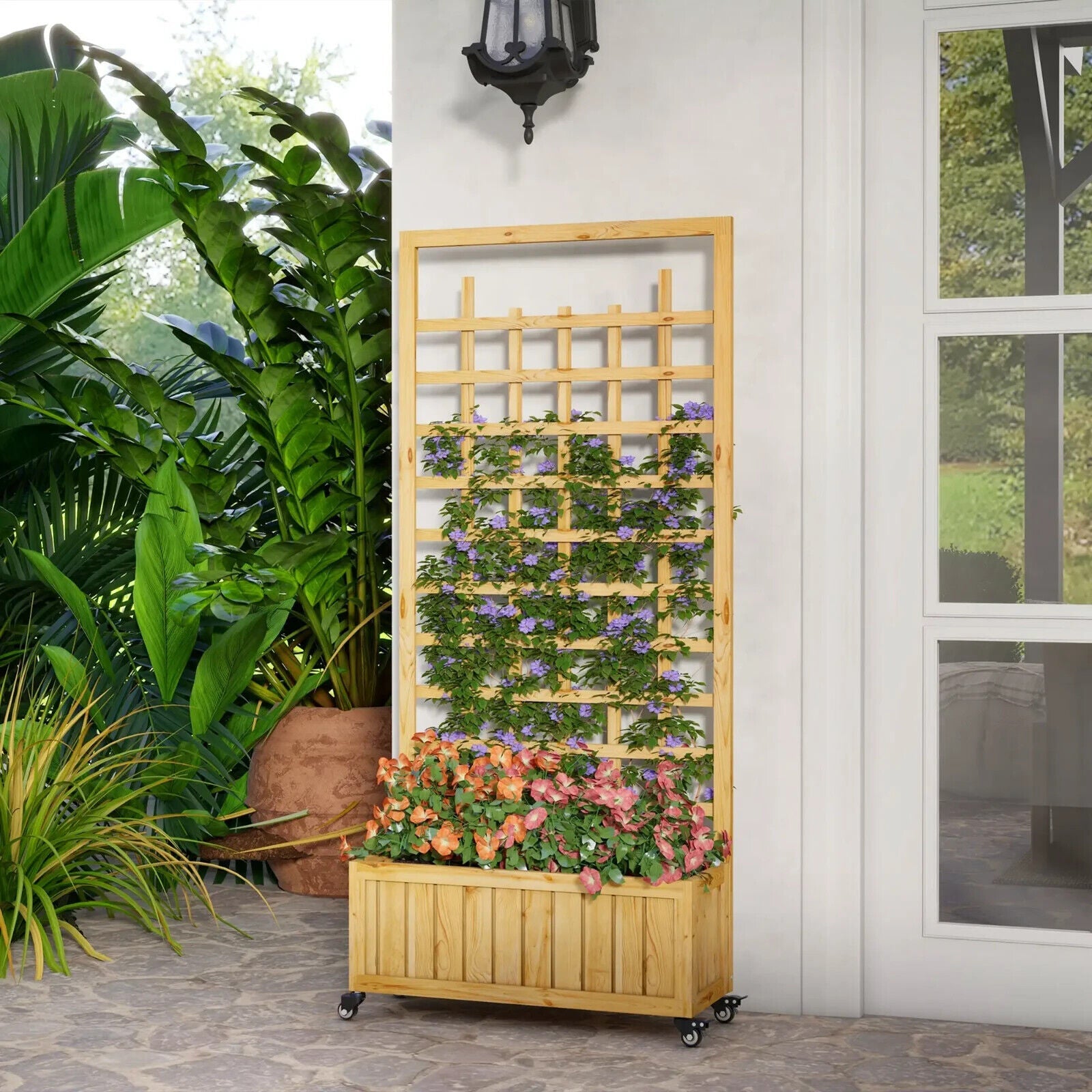 Wooden Trellis Planter Raised Garden Bed with Wheels & Liner for Climbing Plant - Home and Garden Furniture Shop - #rustic - furniture#