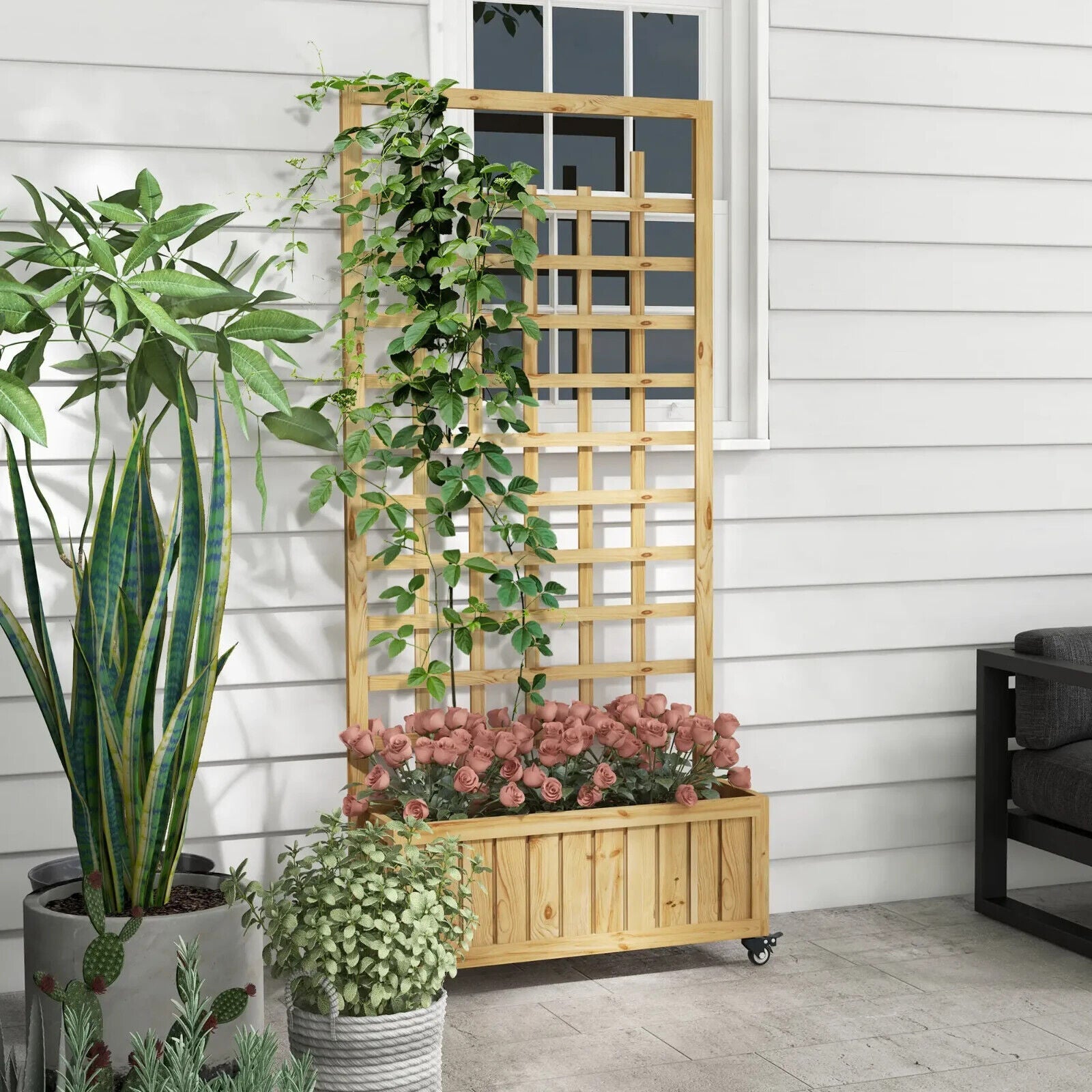 Wooden Trellis Planter Raised Garden Bed with Wheels & Liner for Climbing Plant - Home and Garden Furniture Shop - #rustic - furniture#