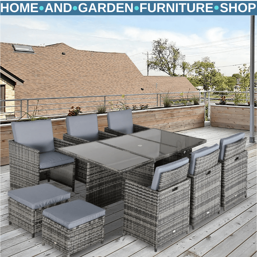 10 Seater Rattan Garden Dining Set with Cushions Footstools Table & Parasol Hole - Home and Garden Furniture Shop - rustic - furniture
