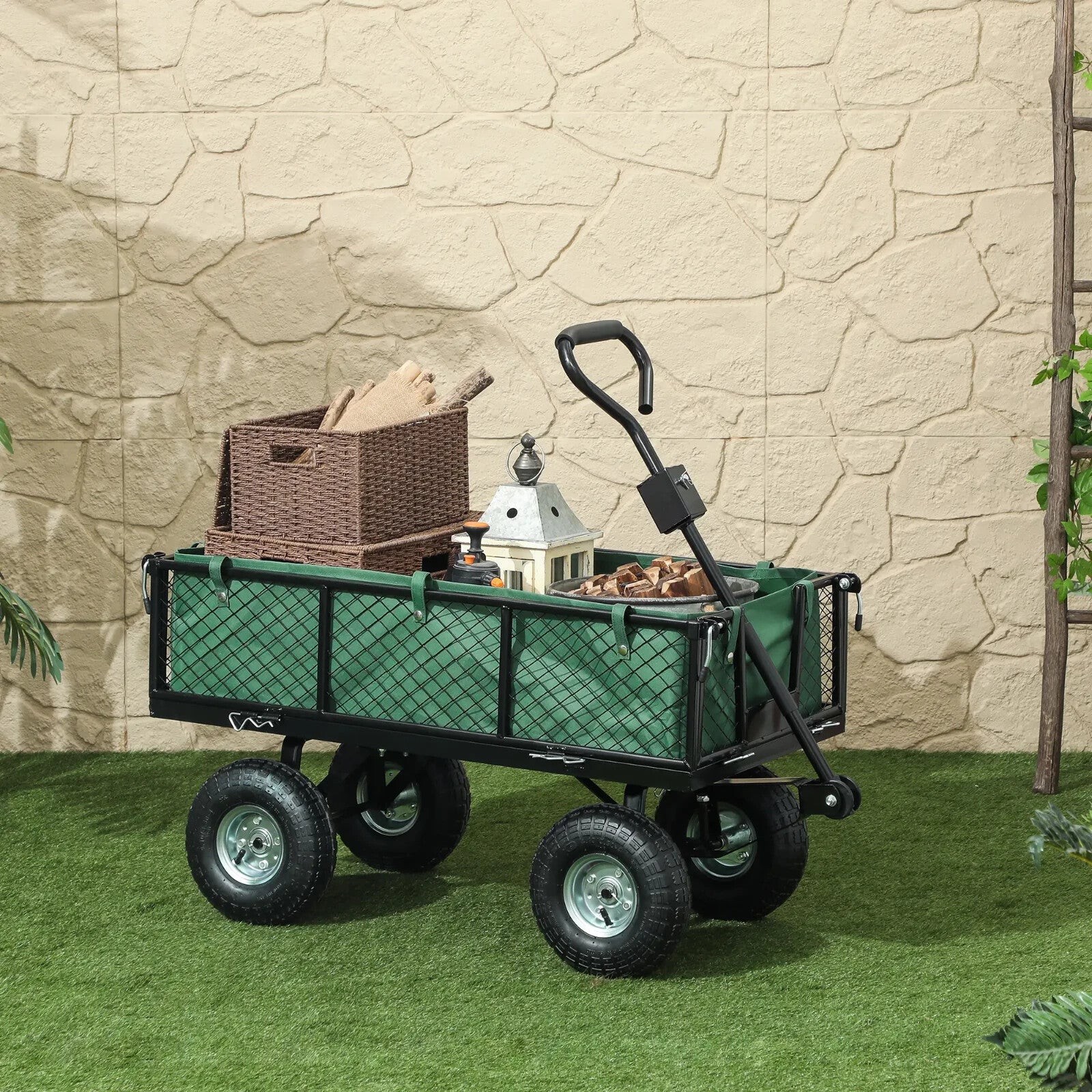 114L Steel Frame Garden Cart Trolley Heavy Duty Outdoor Utility Wagon for Tools - Home and Garden Furniture Shop - rustic - furniture
