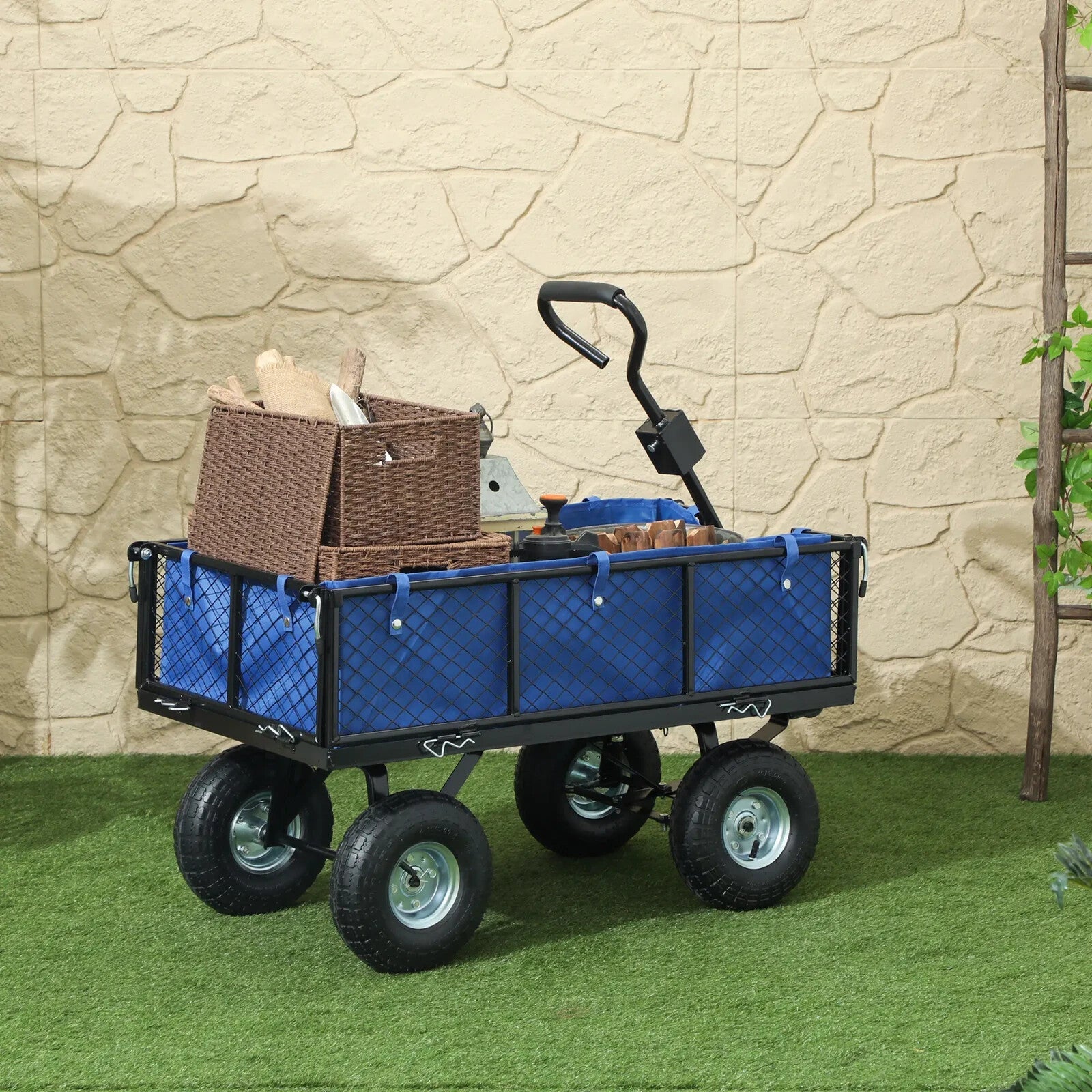 114L Steel Frame Garden Cart Trolley Heavy Duty Outdoor Utility Wagon w/ Handle - Home and Garden Furniture Shop - rustic - furniture