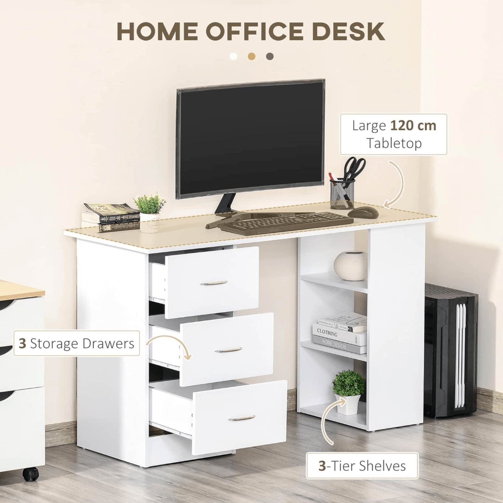 120cm White Computer Desk PC Table Workstation 3 Shelf Desk Drawers Storage Tidy - Home and Garden Furniture Shop - #rustic - furniture#