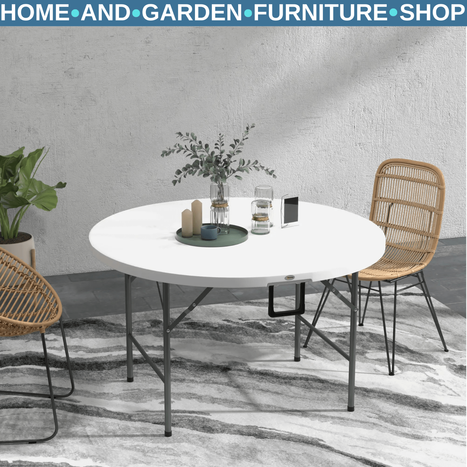 122 cm Folding Garden Table Outdoor HDPE Round Picnic Table Metal Frame White - Home and Garden Furniture Shop - rustic - furniture