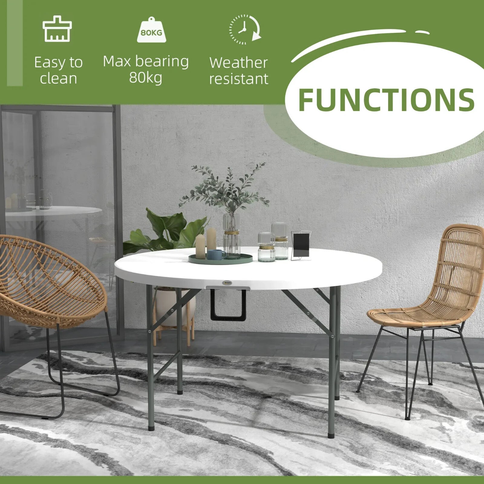 122 cm Folding Garden Table Outdoor HDPE Round Picnic Table Metal Frame White - Home and Garden Furniture Shop - rustic - furniture