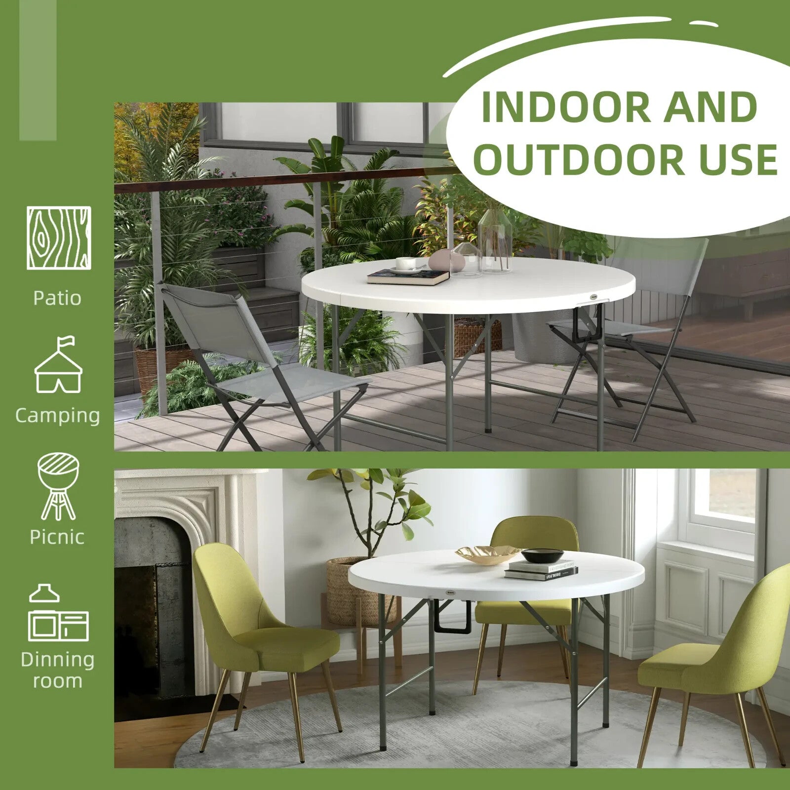 122 cm Folding Garden Table Outdoor HDPE Round Picnic Table Metal Frame White - Home and Garden Furniture Shop - rustic - furniture