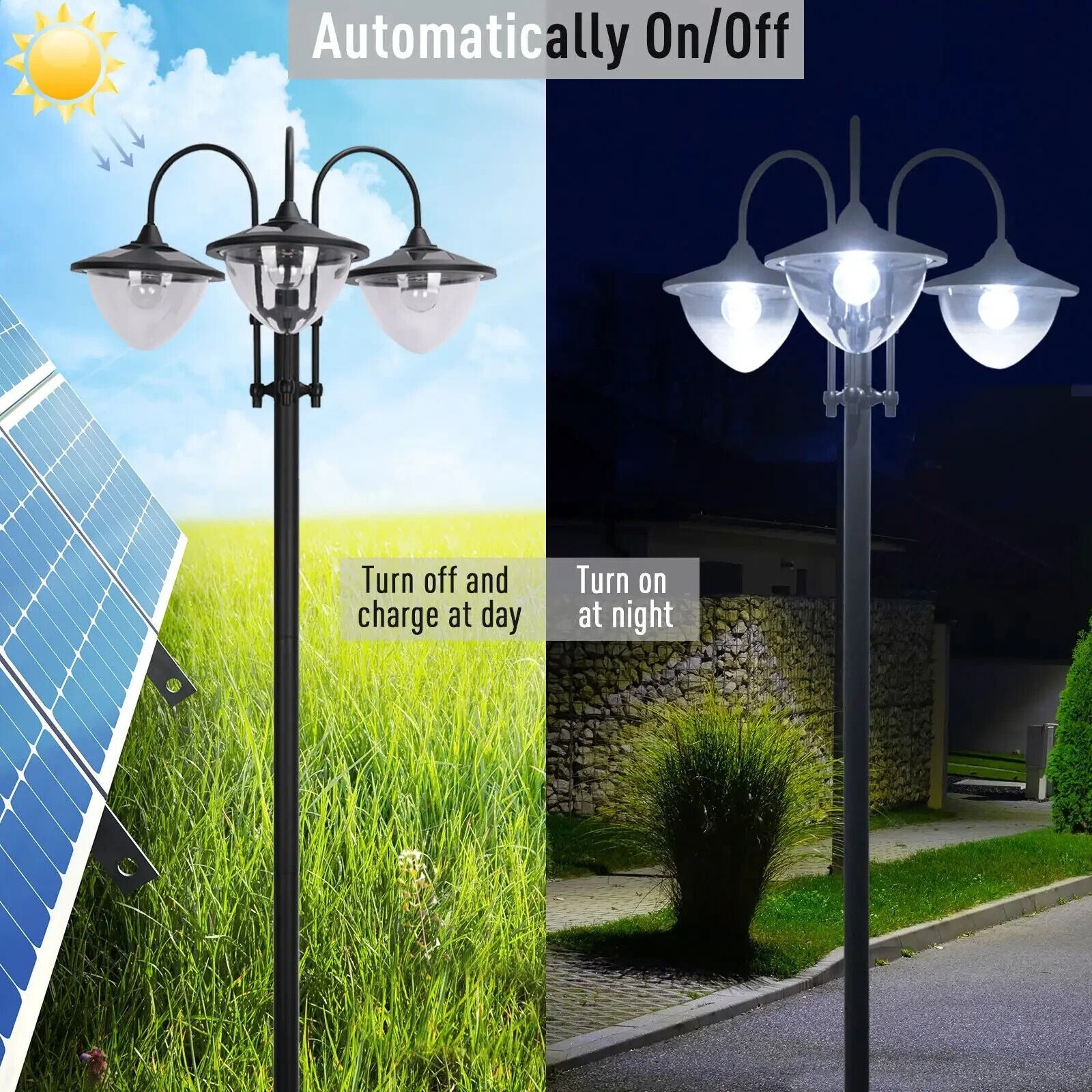 189cm Solar Lamp Post 3Head Street Light w/ Planter Outdoor LED Lighting Auto On - Home and Garden Furniture Shop - #rustic - furniture#