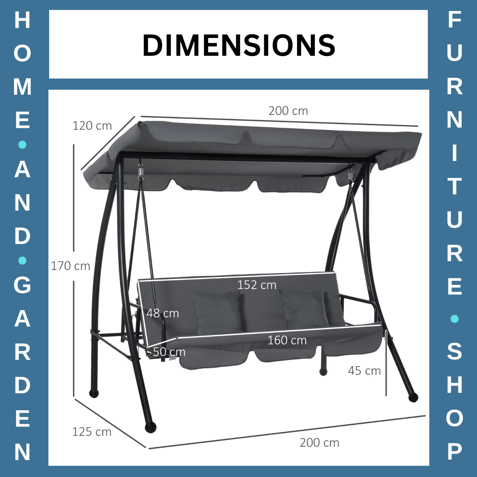 2 - in - 1 Hammock Swing Chair 3 Seater Powder Coated w/ Cushion & Canopy Dark Grey - Home and Garden Furniture Shop - #rustic - furniture#