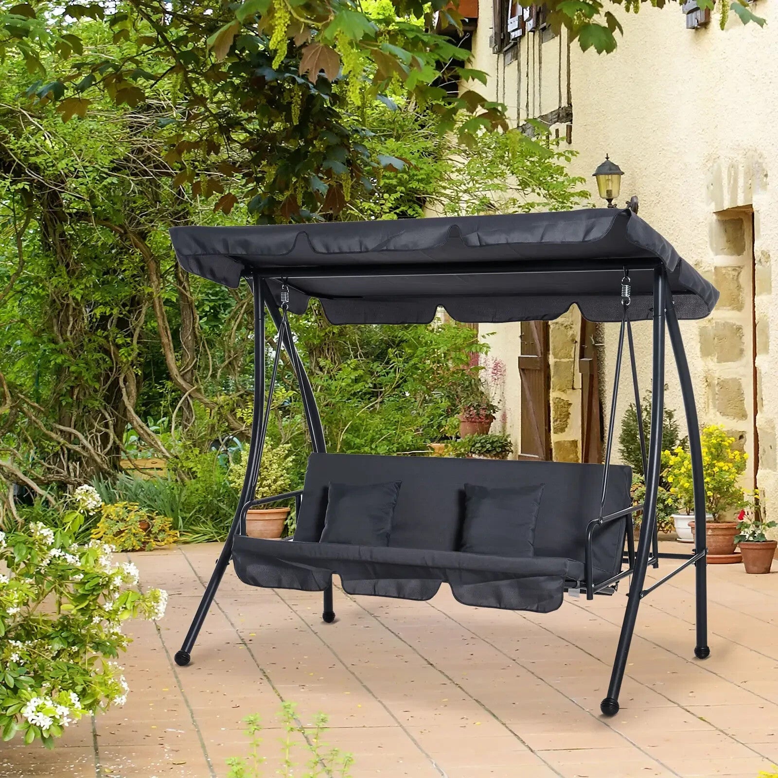 2 - in - 1 Hammock Swing Chair 3 Seater Powder Coated w/ Cushion & Canopy Dark Grey - Home and Garden Furniture Shop - rustic - furniture