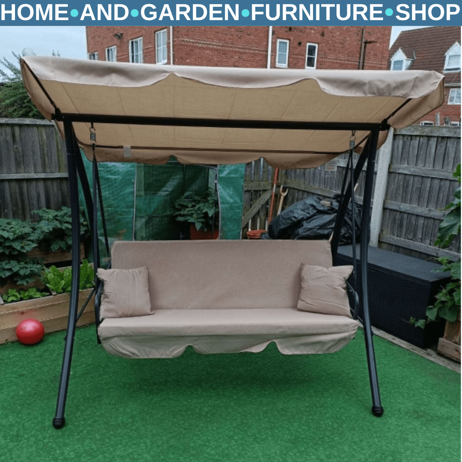 2 - in - 1 Hammock Swing Chair 3 - Seater Powder Coated w/ Cushion & Tilt Canopy Beige - Home and Garden Furniture Shop - #rustic - furniture#