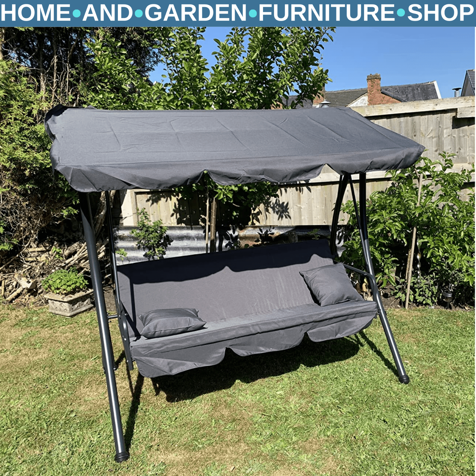 2 - in - 1 Hammock Swing Chair 3 - Seater Steel with Cushion & Tilt Canopy Light Grey - Home and Garden Furniture Shop - #rustic - furniture#