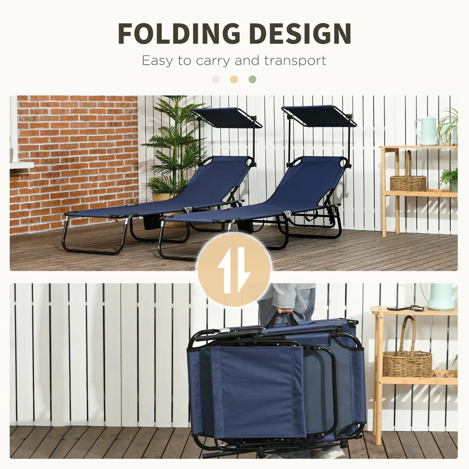 2 Pcs Folding Sun Loungers with Canopy Adjustable Recliner Chairs for Garden Use - Home and Garden Furniture Shop - rustic - furniture