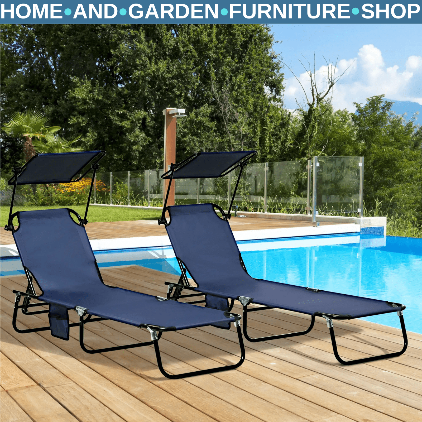 2 Pcs Folding Sun Loungers with Canopy Adjustable Recliner Chairs for Garden Use - Home and Garden Furniture Shop - rustic - furniture