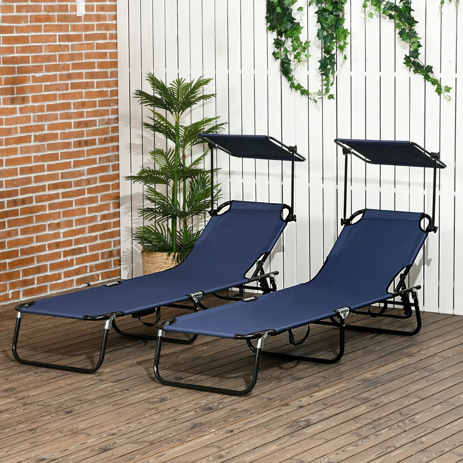 2 Pcs Folding Sun Loungers with Canopy Adjustable Recliner Chairs for Garden Use - Home and Garden Furniture Shop - rustic - furniture