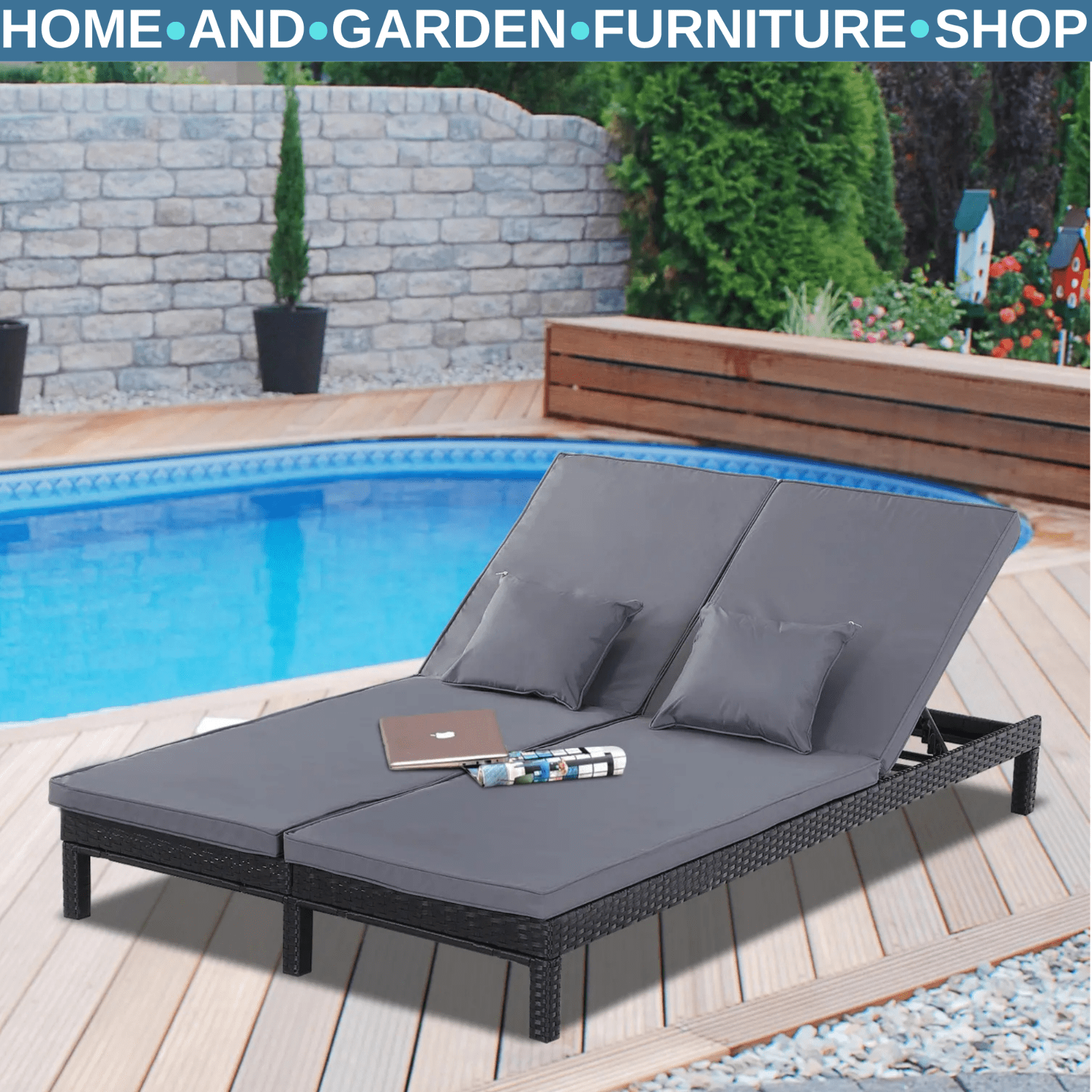 2 Person Rattan Double Sun Lounger Chair w/ Cushions & Adjustable Backrest Black - Home and Garden Furniture Shop - rustic - furniture