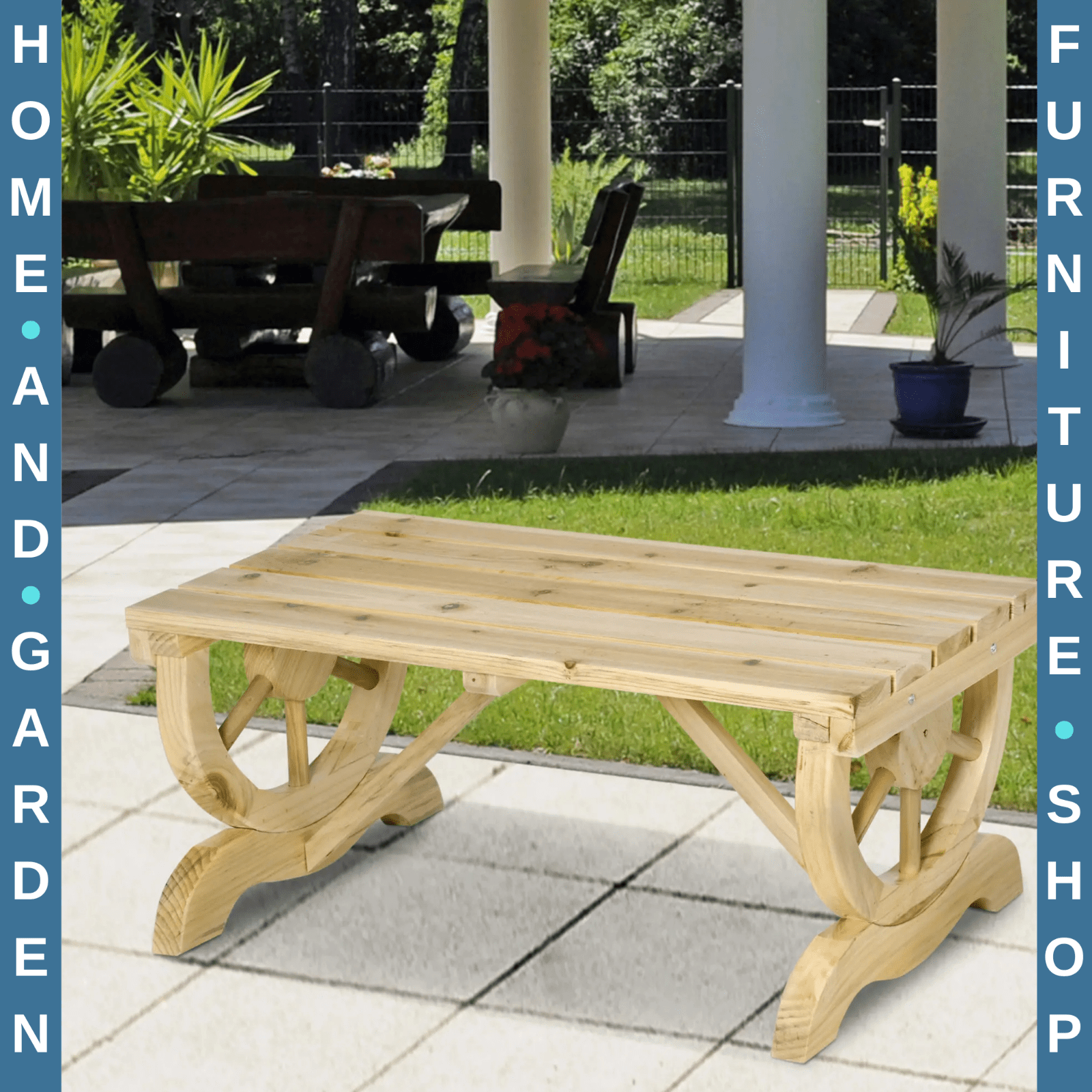 2 Person Rustic Wooden Garden Bench with Wheel Legs & Slatted Seat for Patio Use - Home and Garden Furniture Shop - rustic - furniture