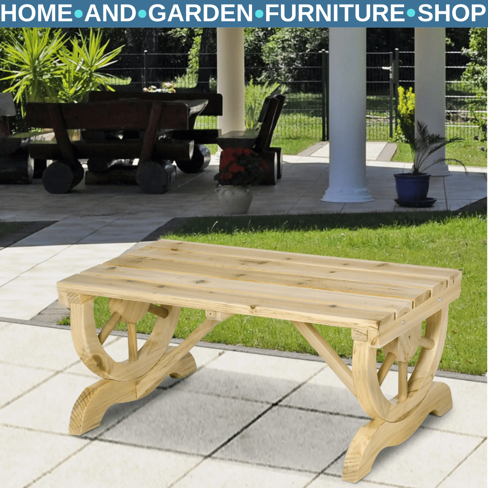 2 Person Rustic Wooden Garden Bench with Wheel Legs & Slatted Seat for Patio Use - Home and Garden Furniture Shop - rustic - furniture