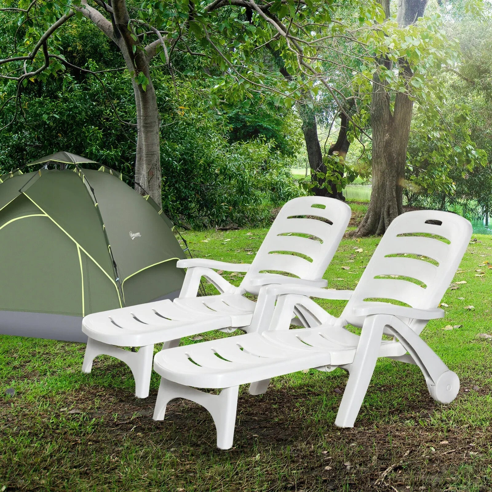 2 Piece Folding Sun Lounger Set with Wheels 5 Position Recliner Garden Chairs - Home and Garden Furniture Shop - rustic - furniture