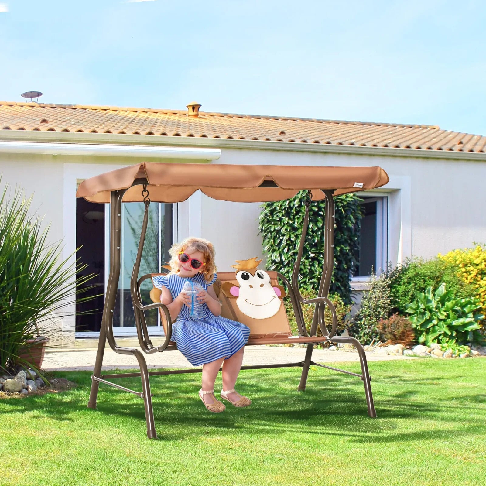 2 - Seat Kids Canopy Swing Chair with Adjustable Awning & Seat Belt Monkey Pattern - Home and Garden Furniture Shop - rustic - furniture