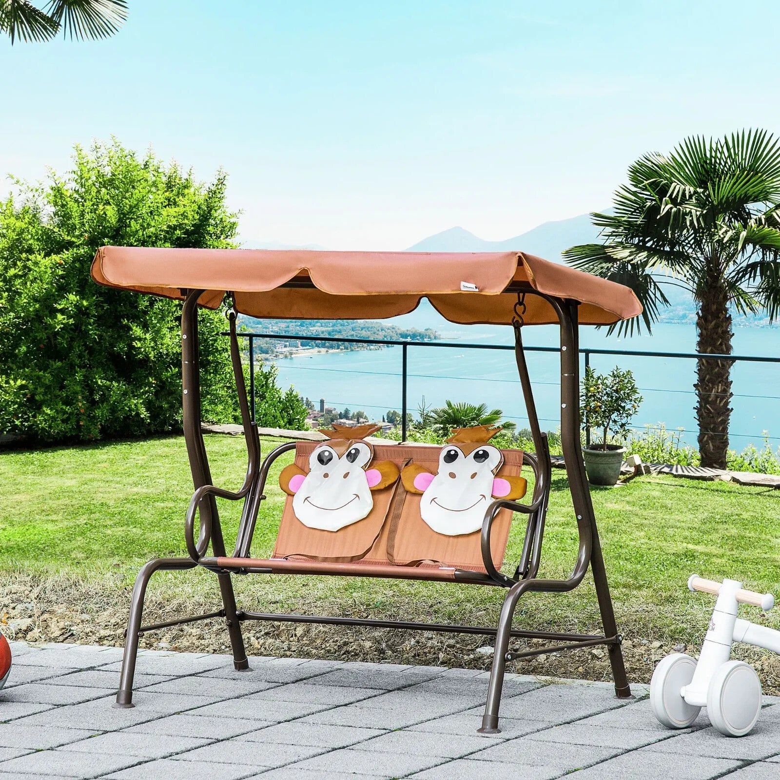2 - Seat Kids Canopy Swing Chair with Adjustable Awning & Seat Belt Monkey Pattern - Home and Garden Furniture Shop - rustic - furniture