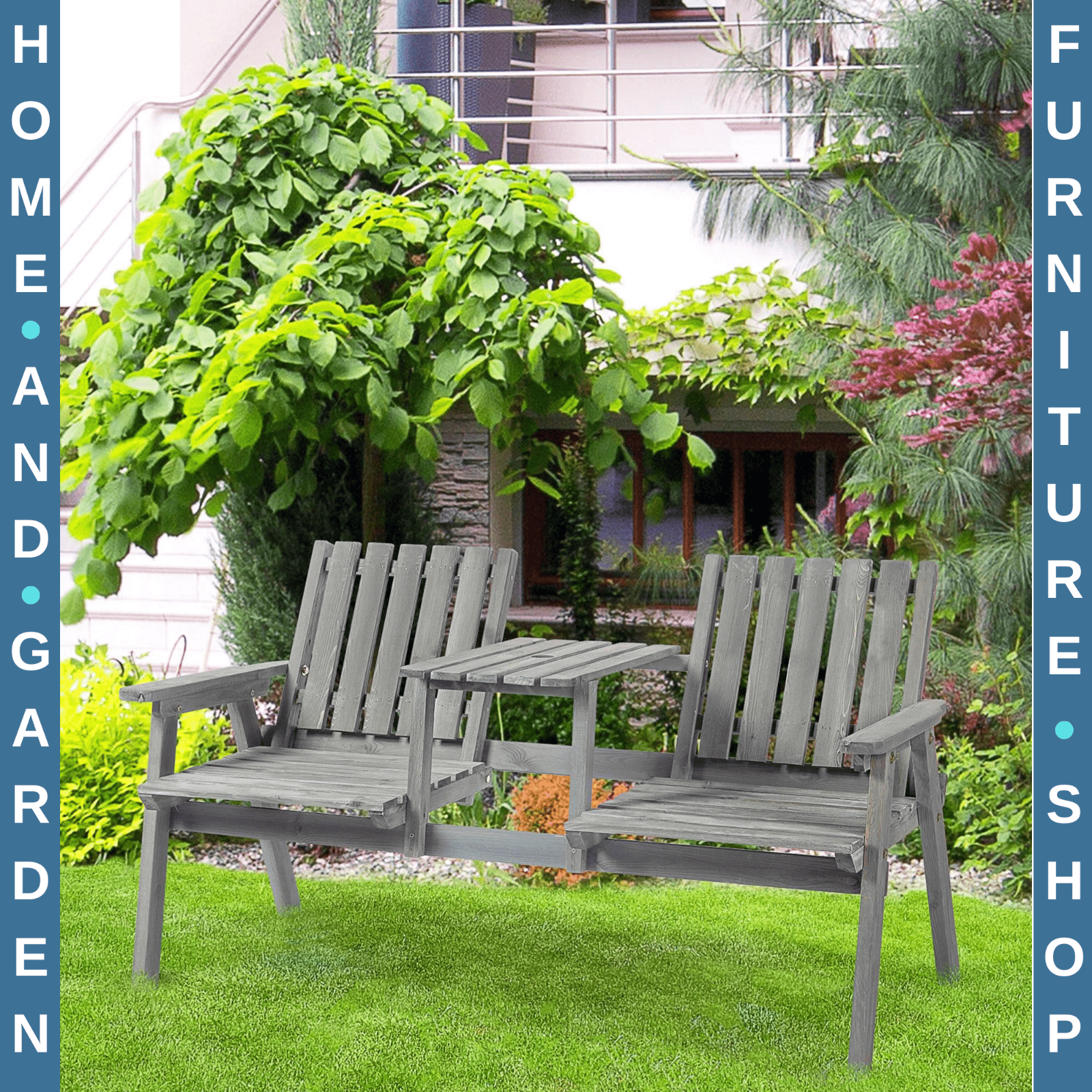 2 - Seater Fir Wood Garden Bench with Centre Table & Parasol Hole for Outdoor Use - Home and Garden Furniture Shop - rustic - furniture