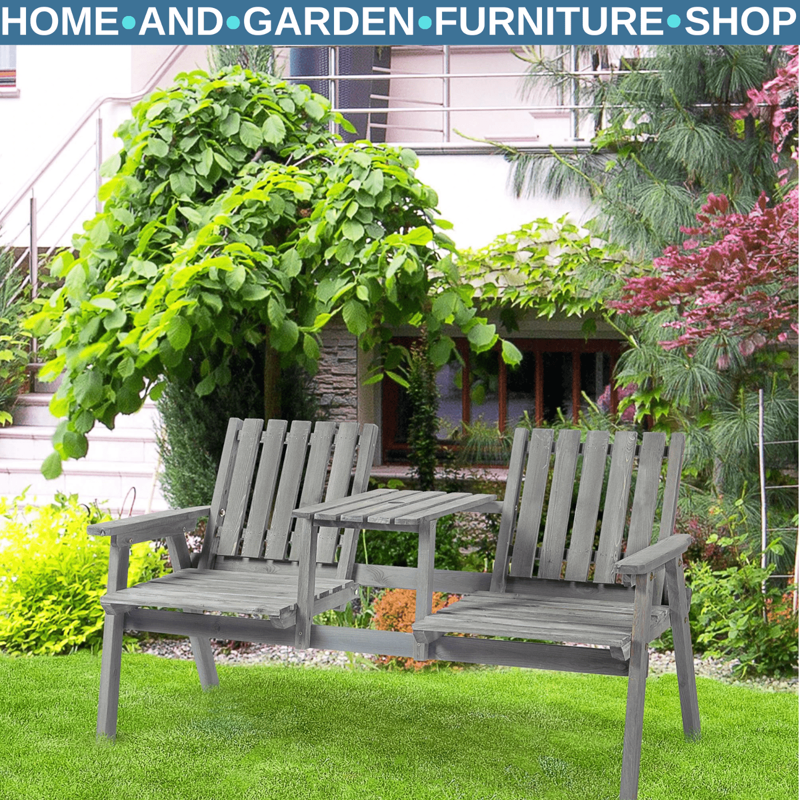 2 - Seater Fir Wood Garden Bench with Centre Table & Parasol Hole for Outdoor Use - Home and Garden Furniture Shop - rustic - furniture