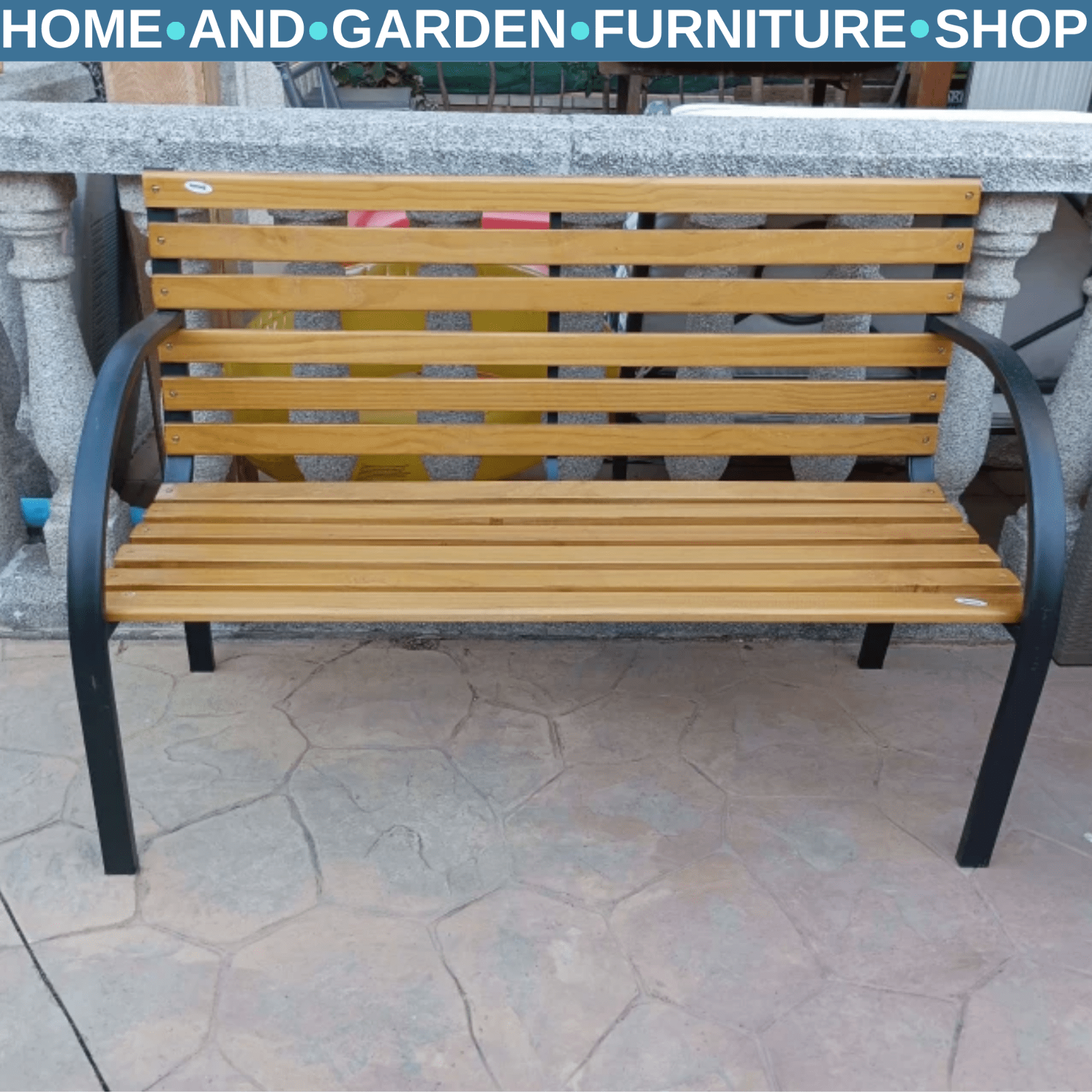 2 Seater Garden Bench Metal Legs Wooden Slatted Seat Backrest Patio Chair Bench - Home and Garden Furniture Shop - rustic - furniture