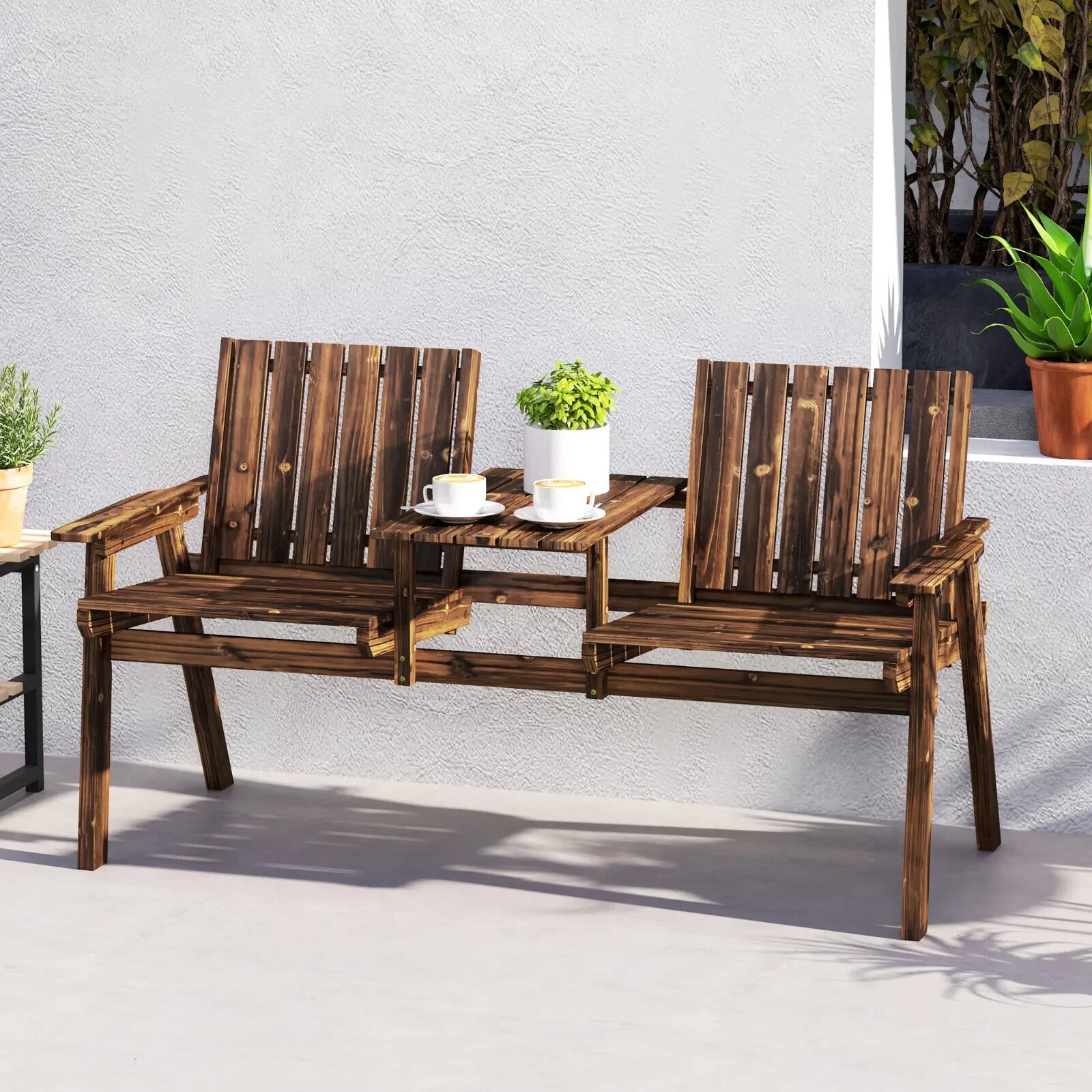 2 Seater Garden Bench with Table & Parasol Hole Wooden Loveseat for Patio Brown - Home and Garden Furniture Shop - rustic - furniture