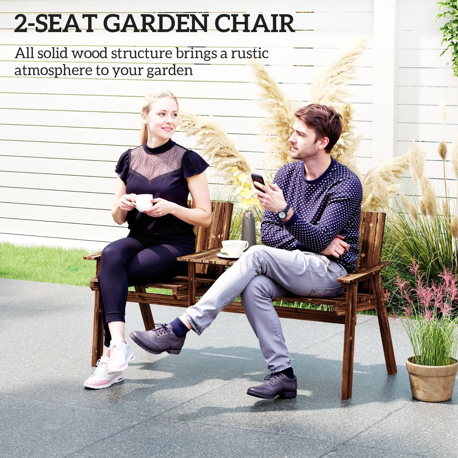 2 Seater Garden Bench with Table & Parasol Hole Wooden Loveseat for Patio Brown - Home and Garden Furniture Shop - rustic - furniture