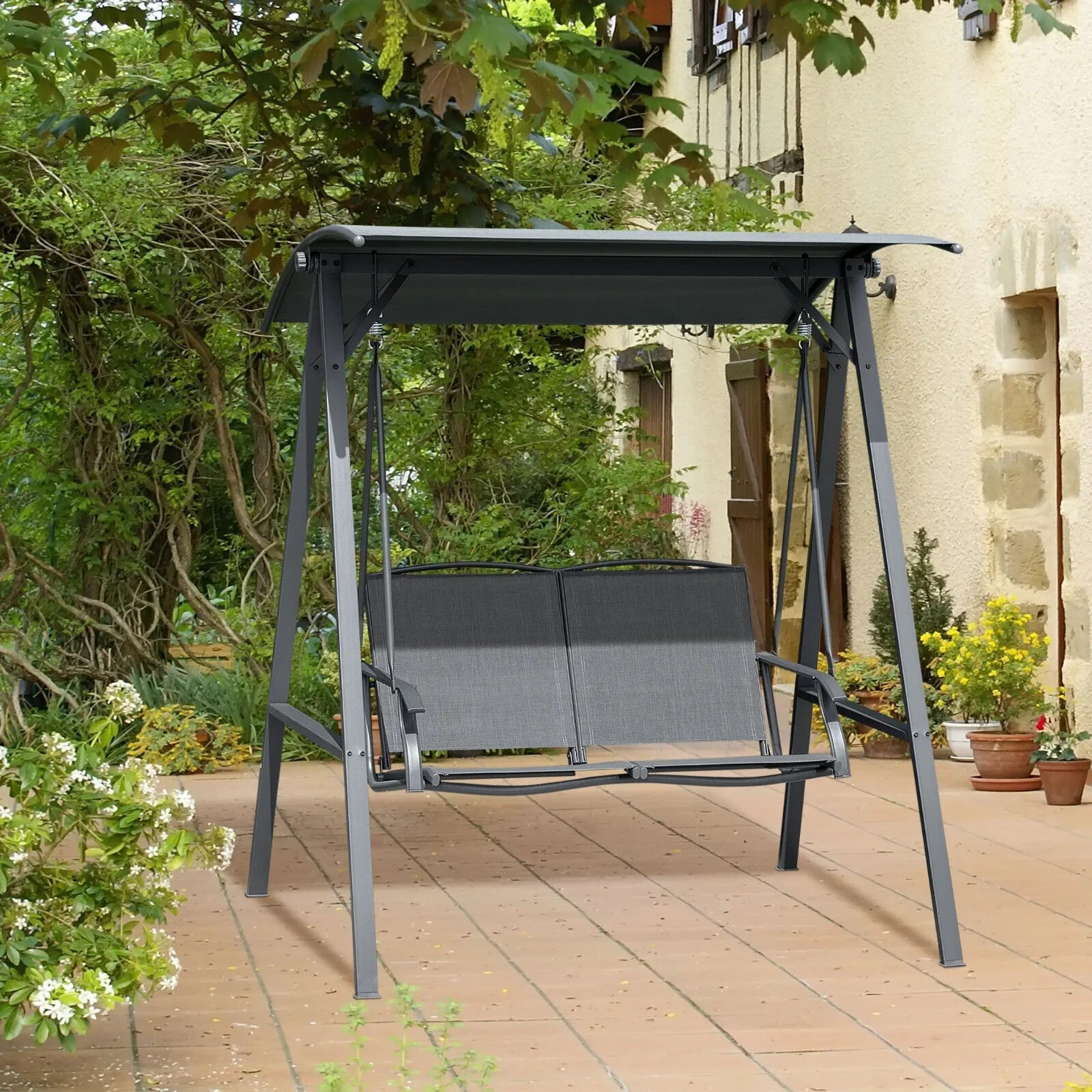 2 - Seater Garden Swing Chair with Canopy Outdoor Bench Seat Adjustable Dark Grey - Home and Garden Furniture Shop - rustic - furniture